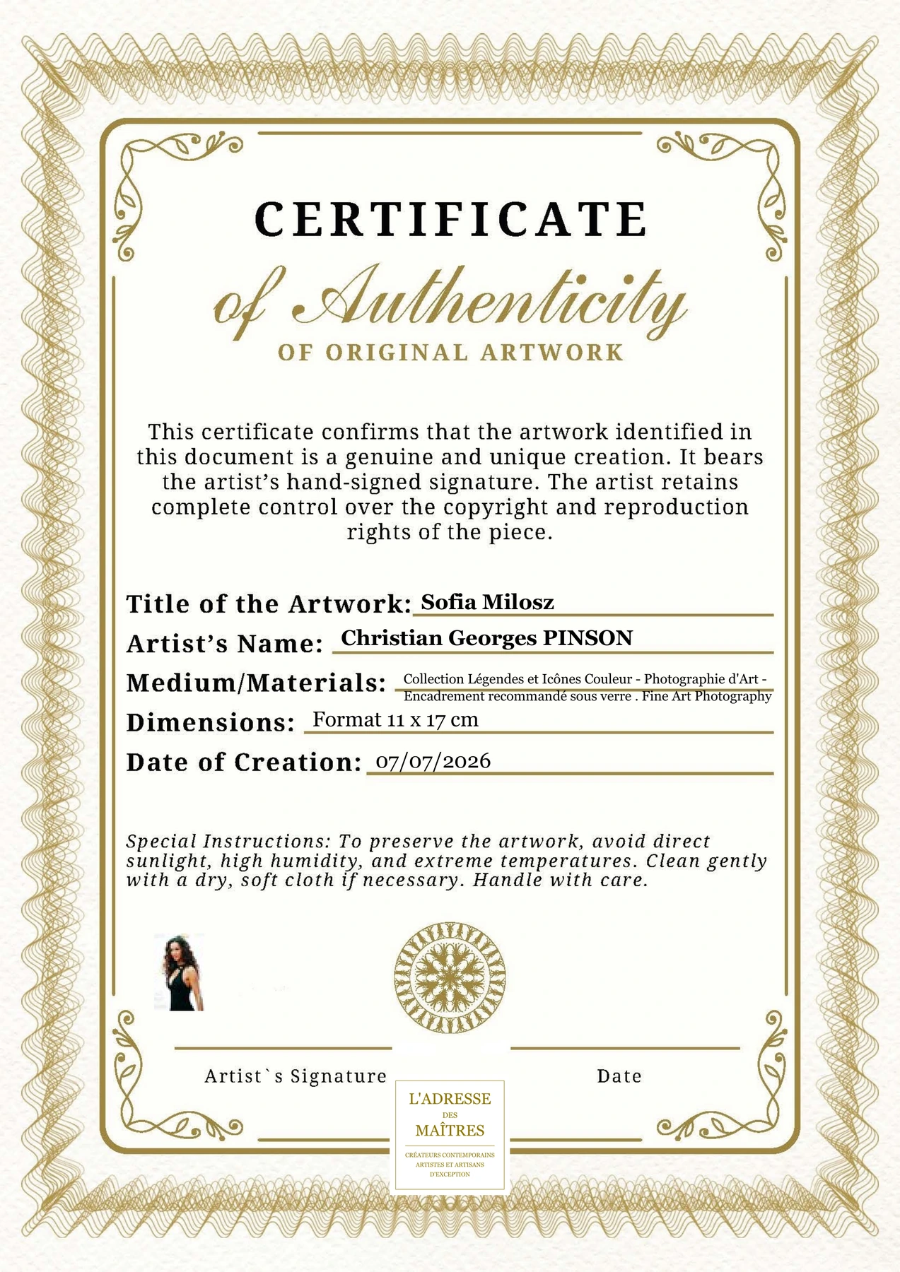 Certificat d'authenticité - Sofia Milosz - Christian Georges PINSON