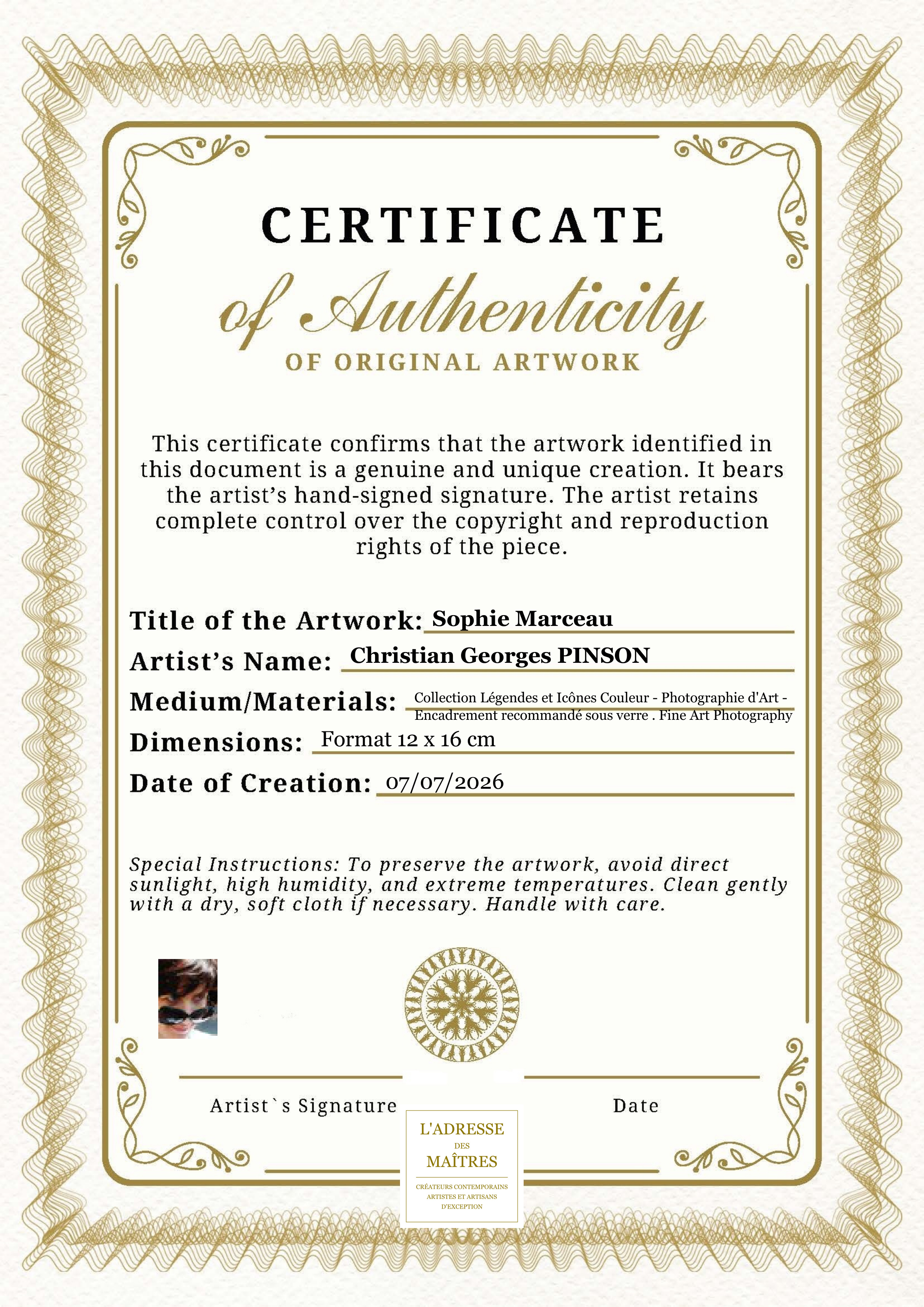 Certificat d'authenticité — Sophie Marceau — Christian Georges PINSON