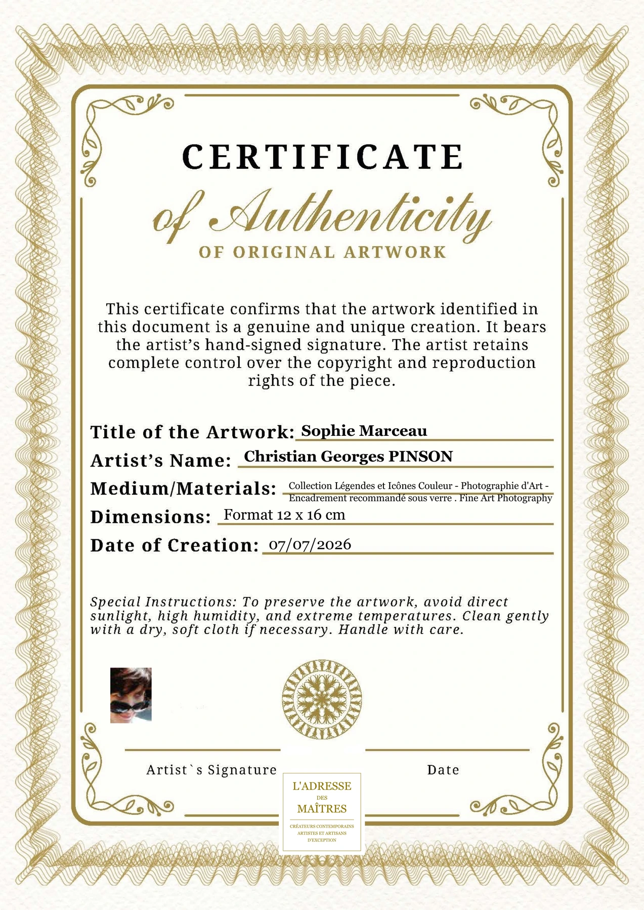 Certificat d'authenticité - Sophie Marceau - Christian Georges PINSON