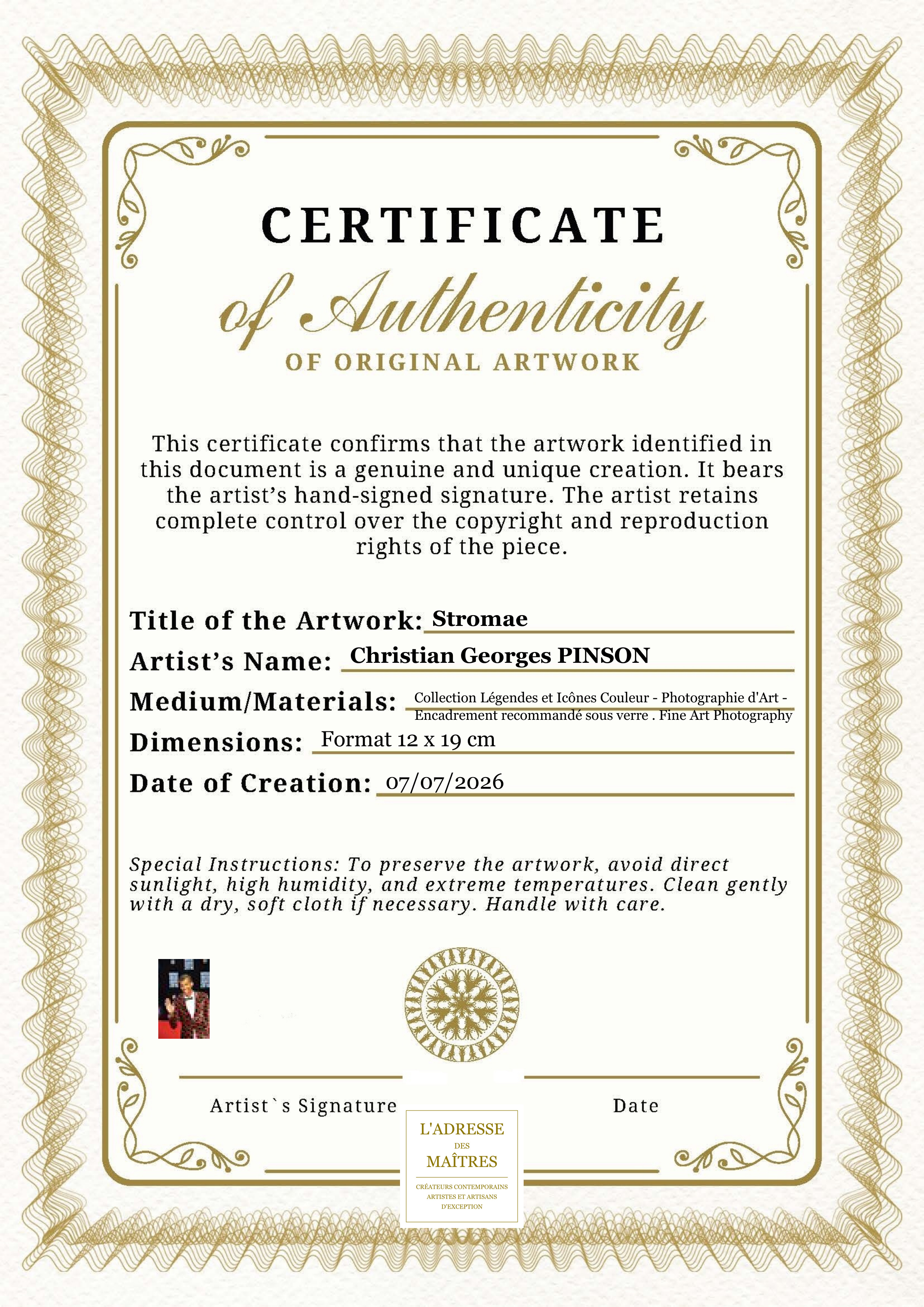 Certificat d'authenticité — Stromae — Christian Georges PINSON