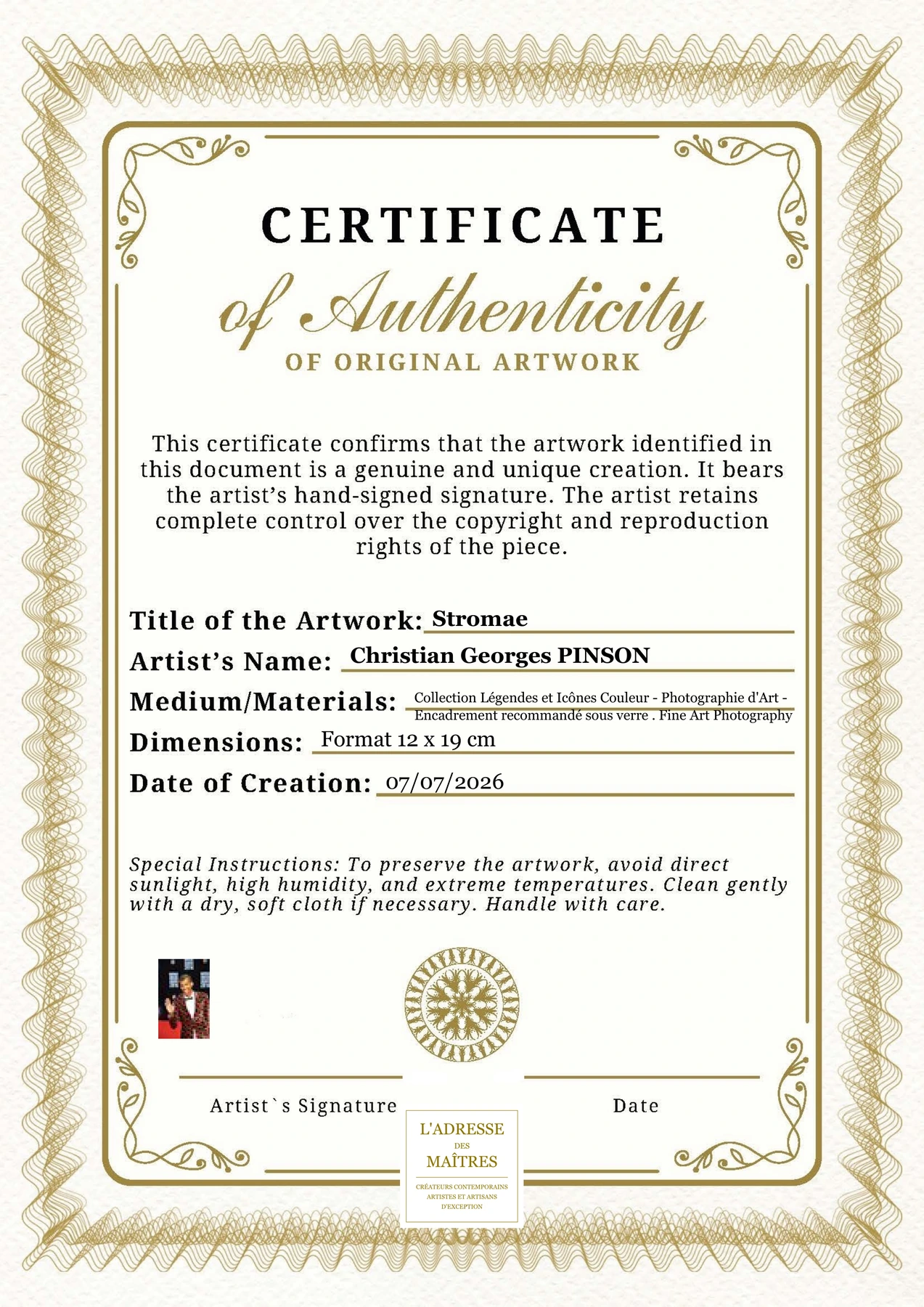 Certificat d'authenticité - Stromae - Christian Georges PINSON