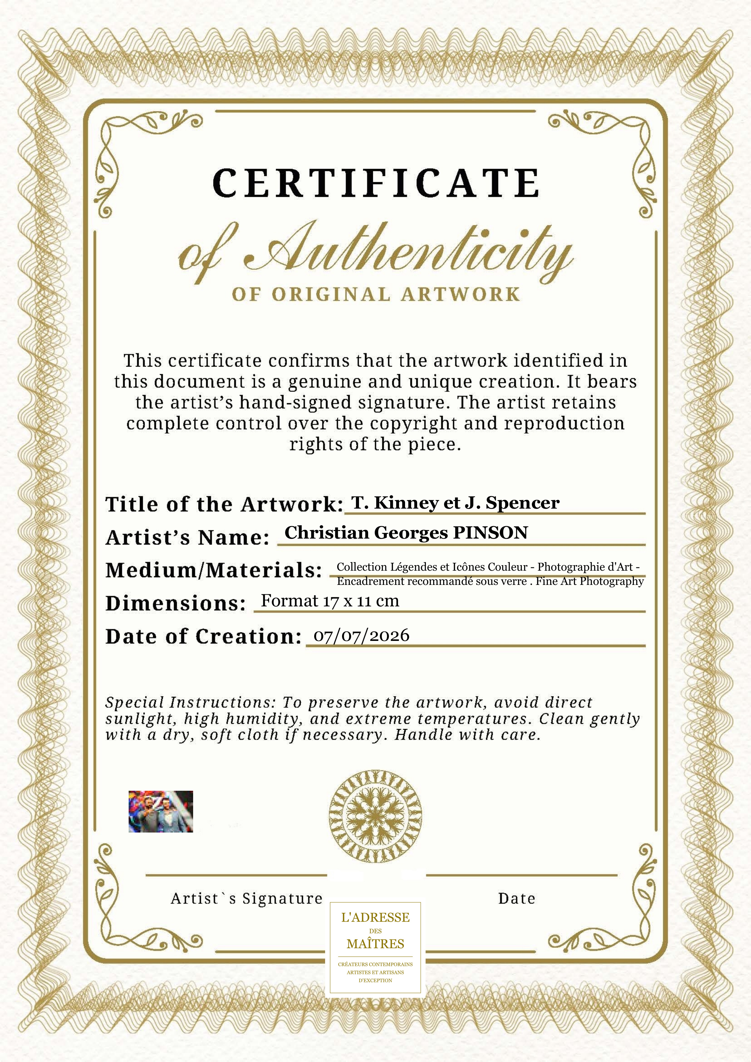 Certificat d'authenticité — T. Kinney et J. Spencer — Christian Georges PINSON