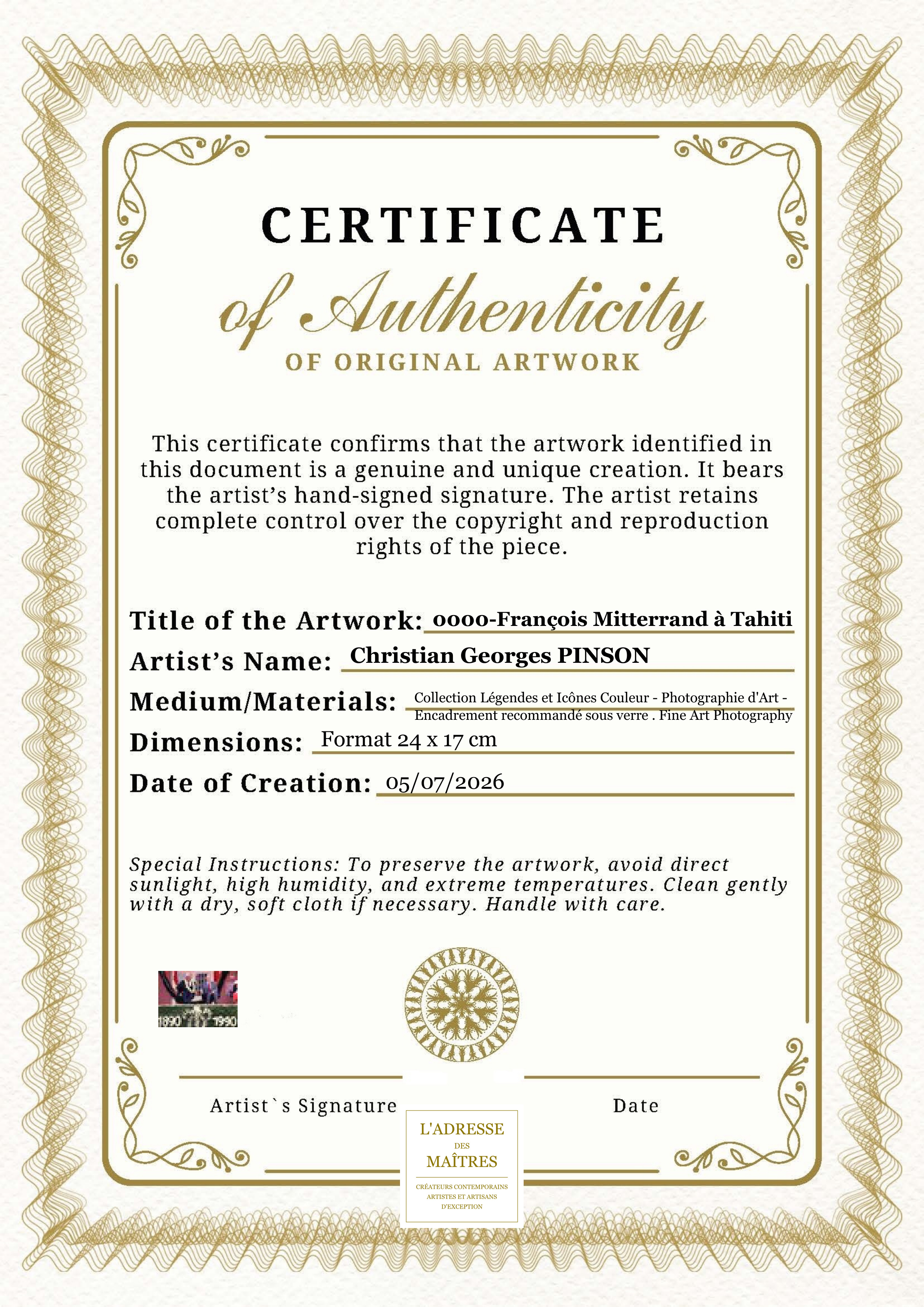 Certificat d'authenticité — 0000-François Mitterrand à Tahiti — Christian Georges PINSON