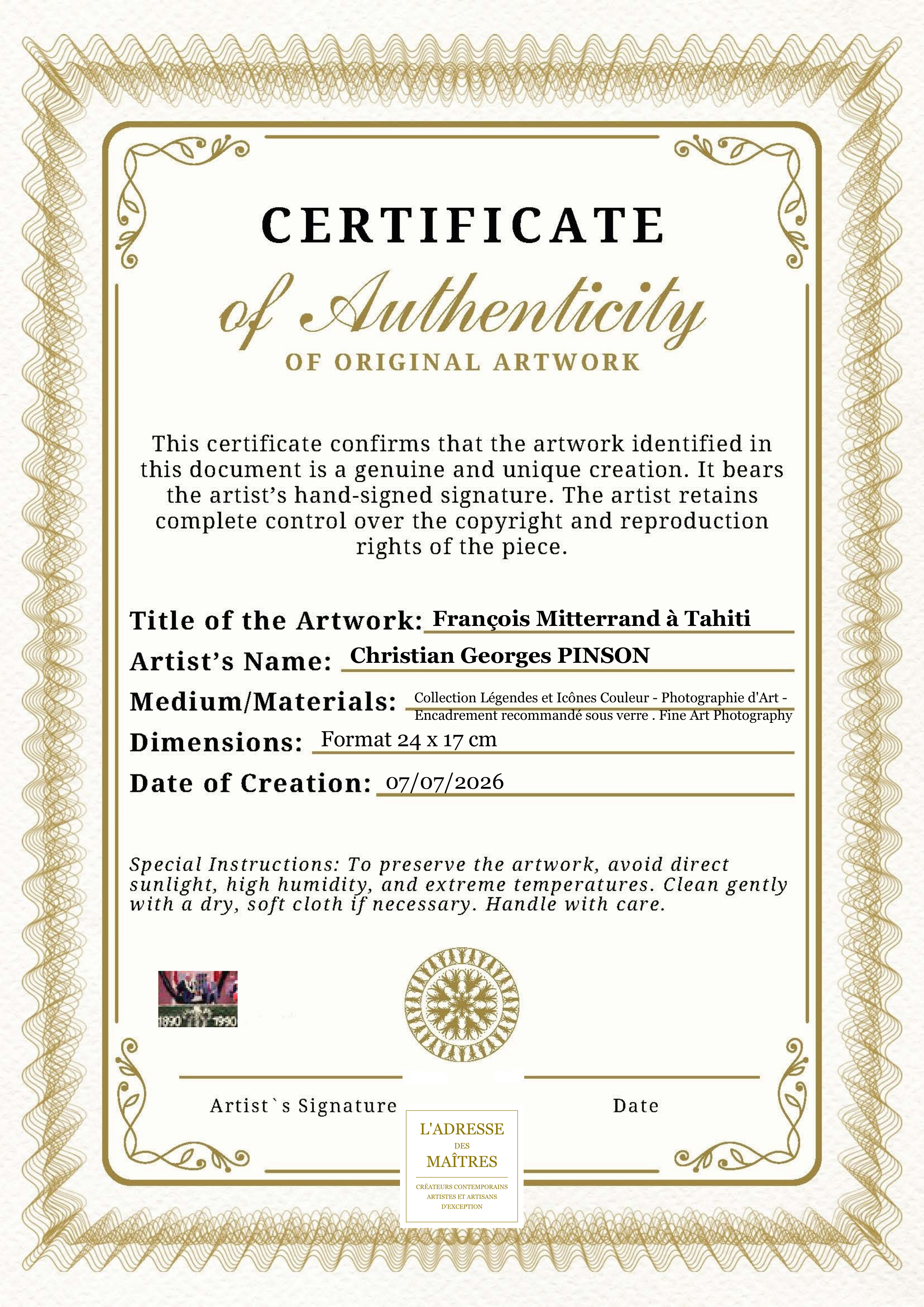 Certificat d'authenticité — François Mitterrand à Tahiti — Christian Georges PINSON