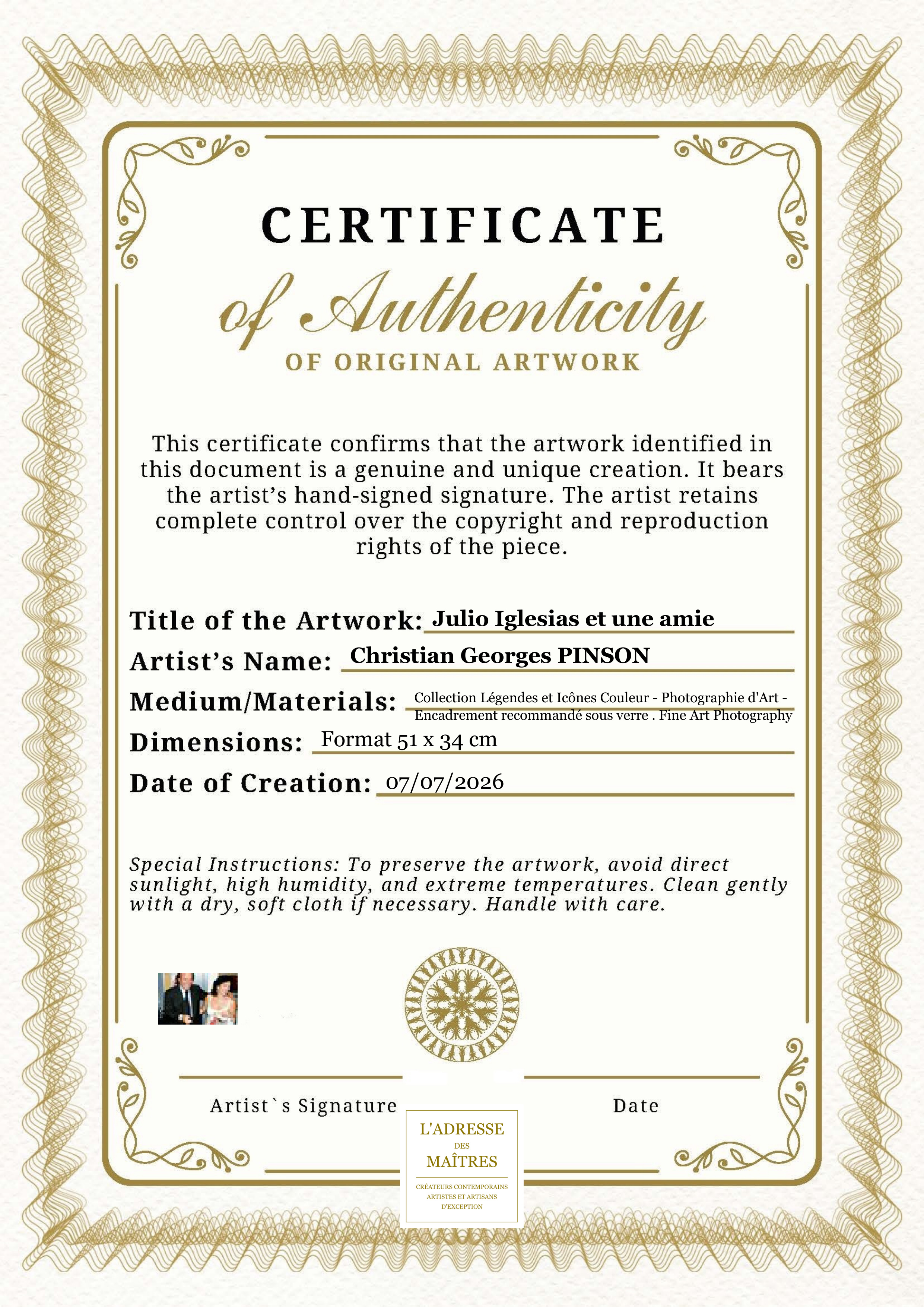Certificat d'authenticité — Julio Iglesias et une amie — Christian Georges PINSON