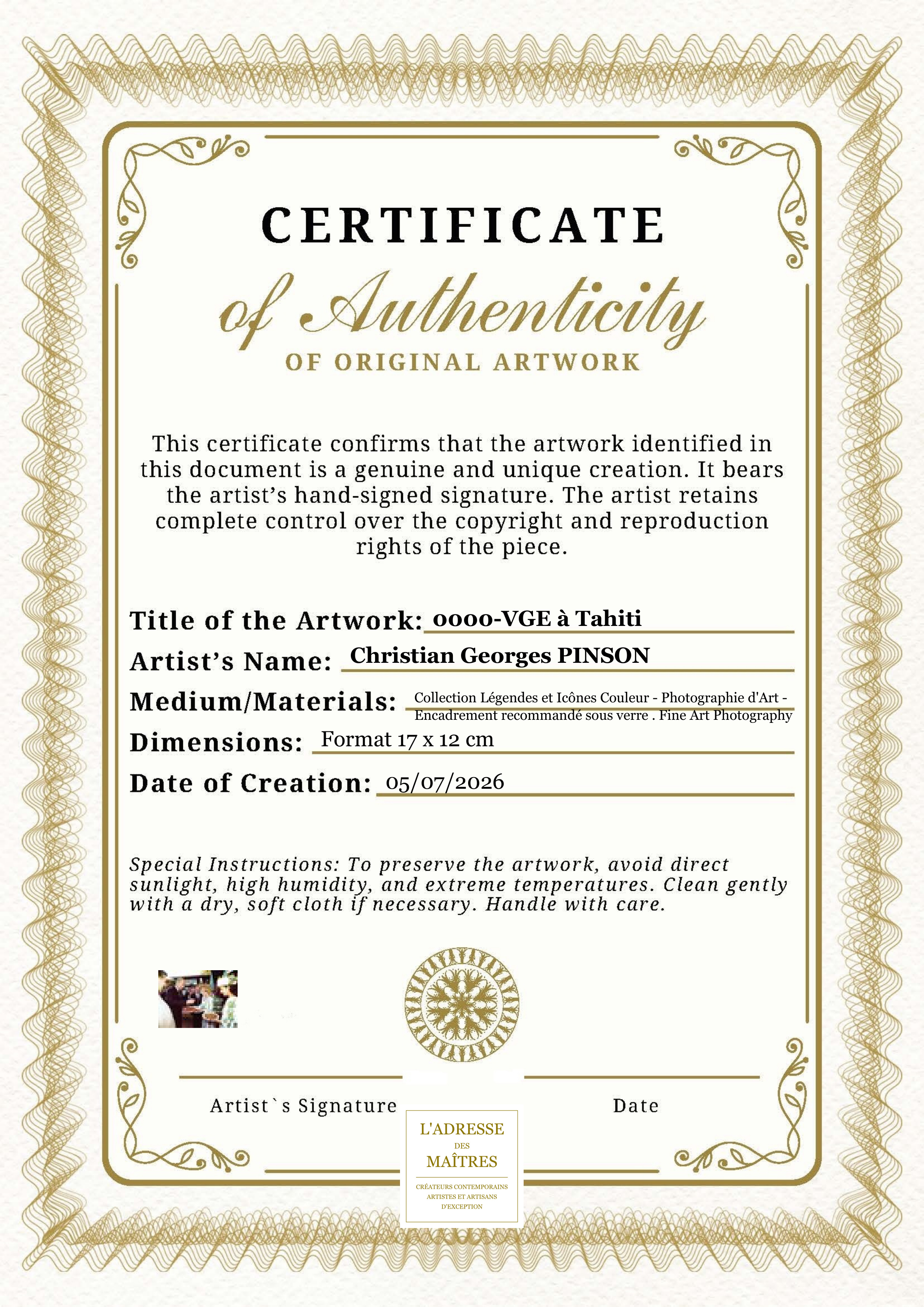 Certificat d'authenticité — 0000-VGE à Tahiti — Christian Georges PINSON