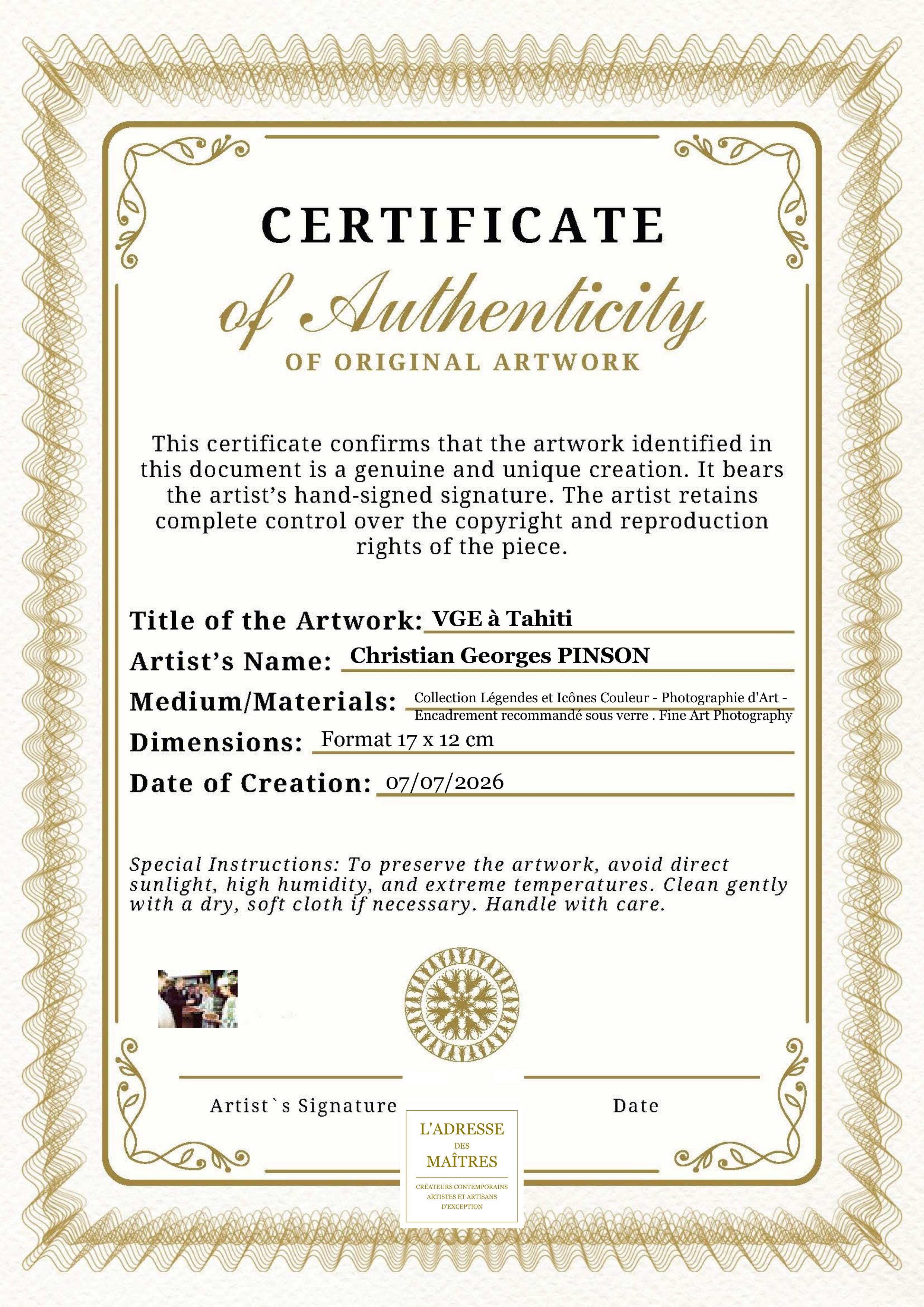 Certificat d'authenticité — VGE à Tahiti — Christian Georges PINSON