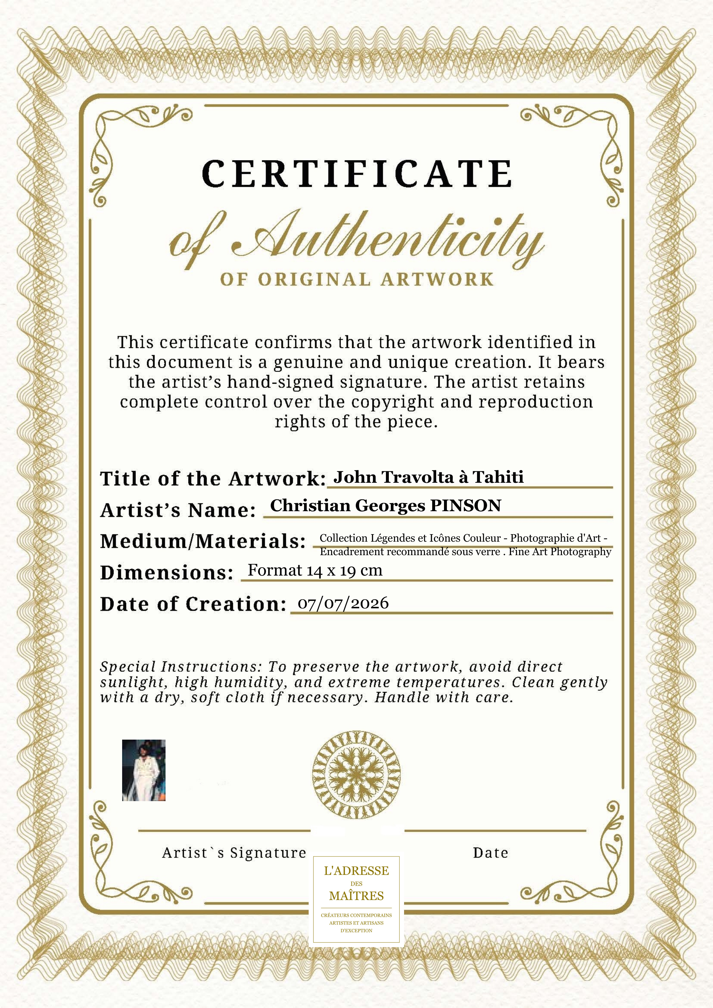 Certificat d'authenticité — John Travolta à Tahiti — Christian Georges PINSON