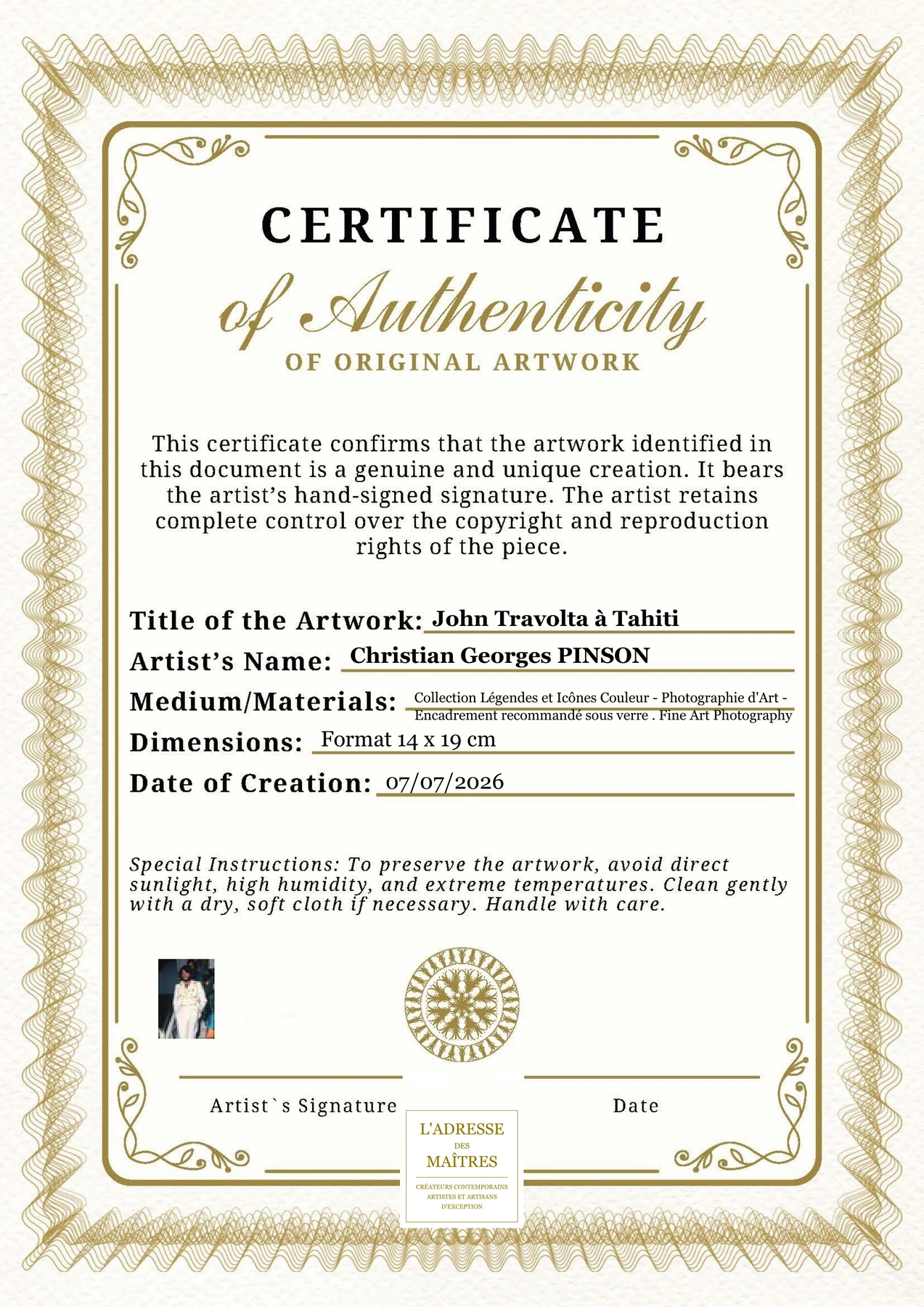 Certificat d'authenticité - John Travolta à Tahiti - Christian Georges PINSON
