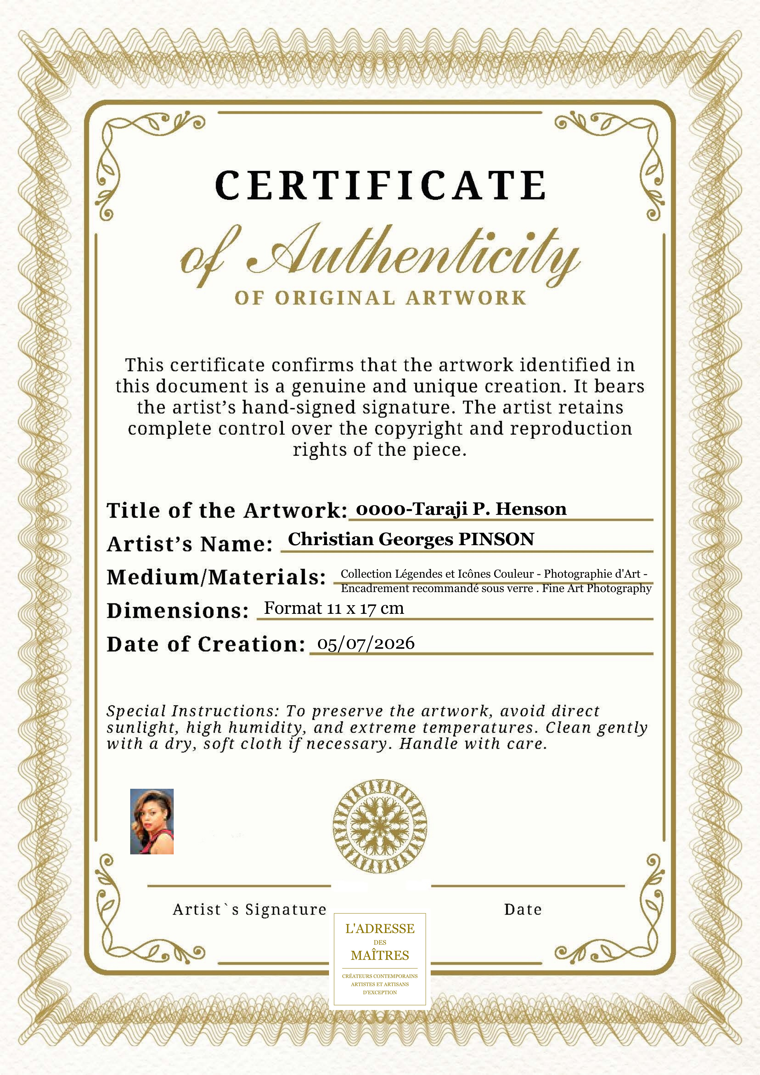 Certificat d'authenticité — 0000-Taraji P. Henson — Christian Georges PINSON