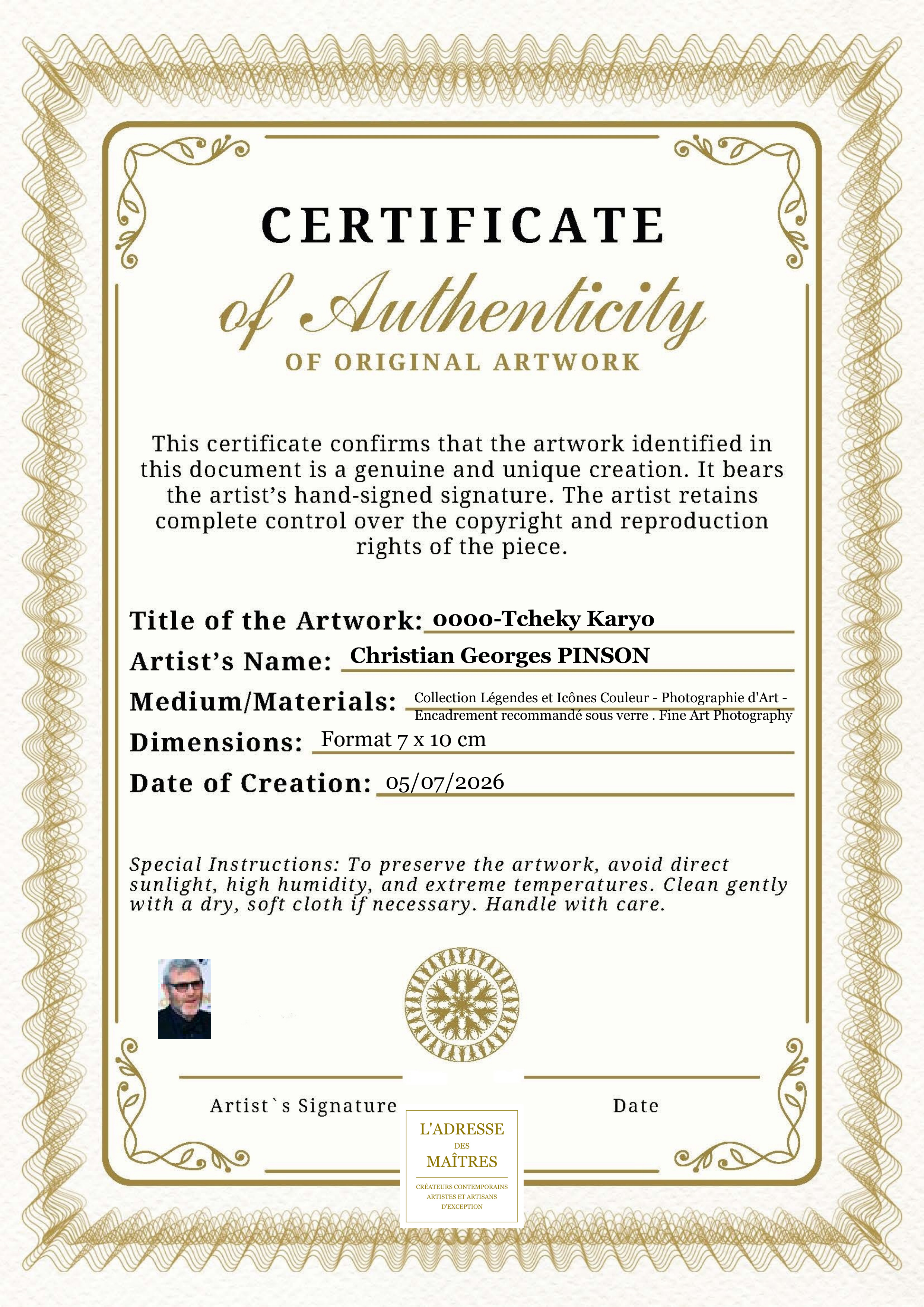 Certificat d'authenticité — 0000-Tcheky Karyo — Christian Georges PINSON