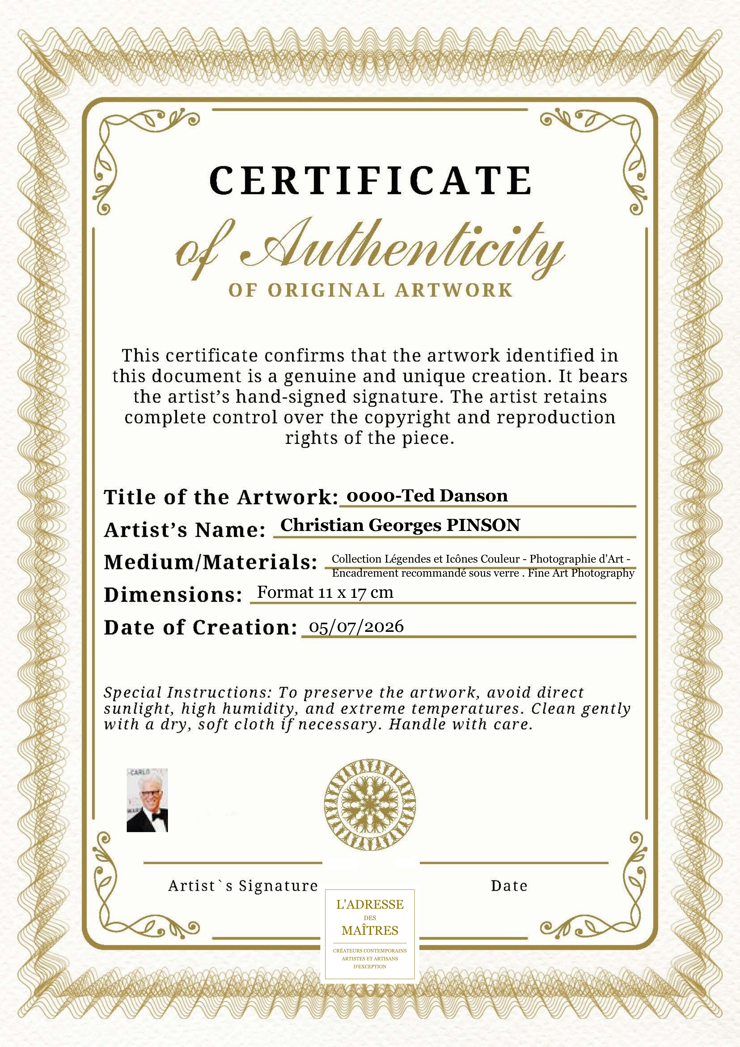 Certificat d'authenticité — 0000-Ted Danson — Christian Georges PINSON