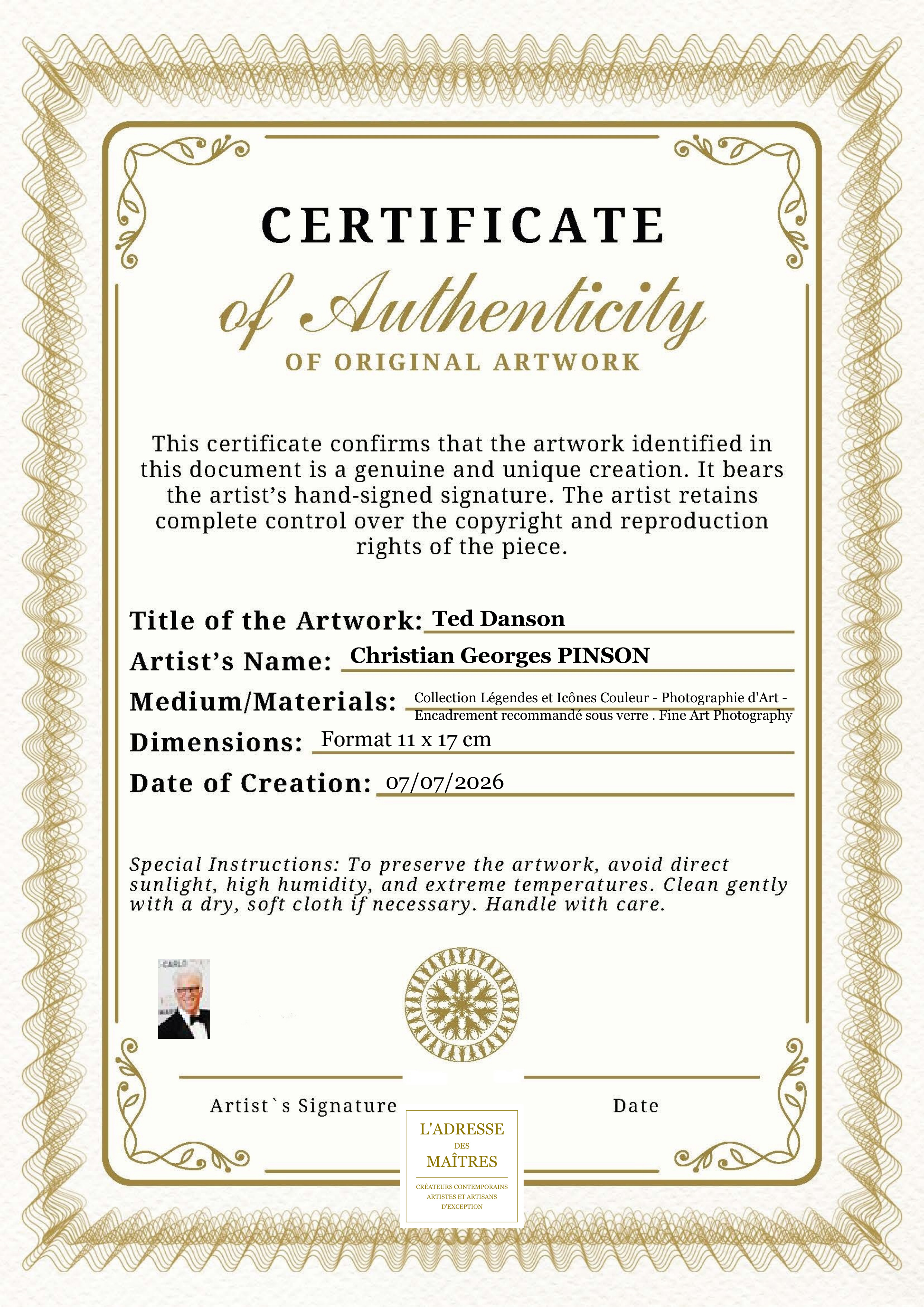 Certificat d'authenticité — Ted Danson — Christian Georges PINSON
