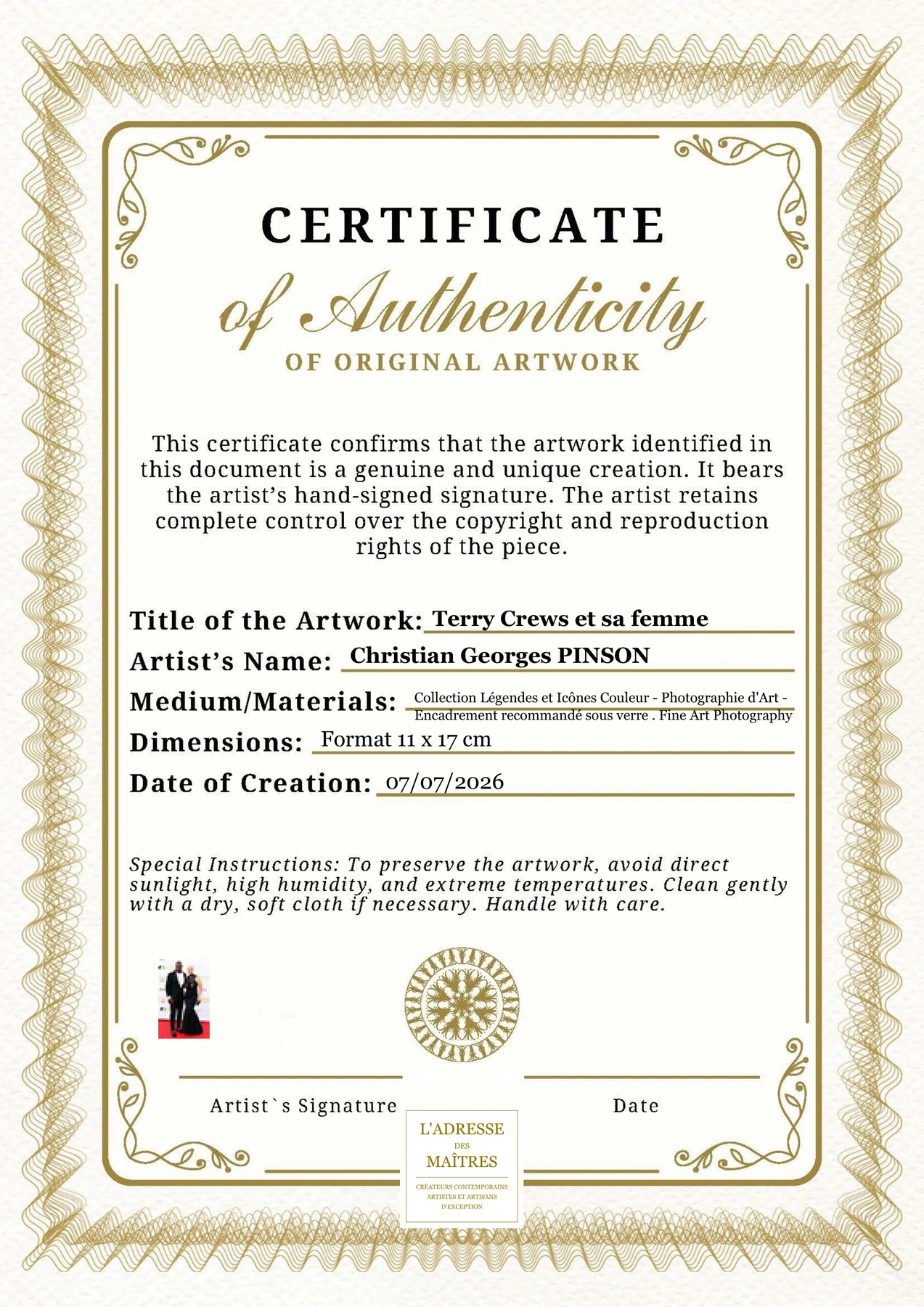 Certificat d'authenticité - Terry Crews et sa femme - Christian Georges PINSON