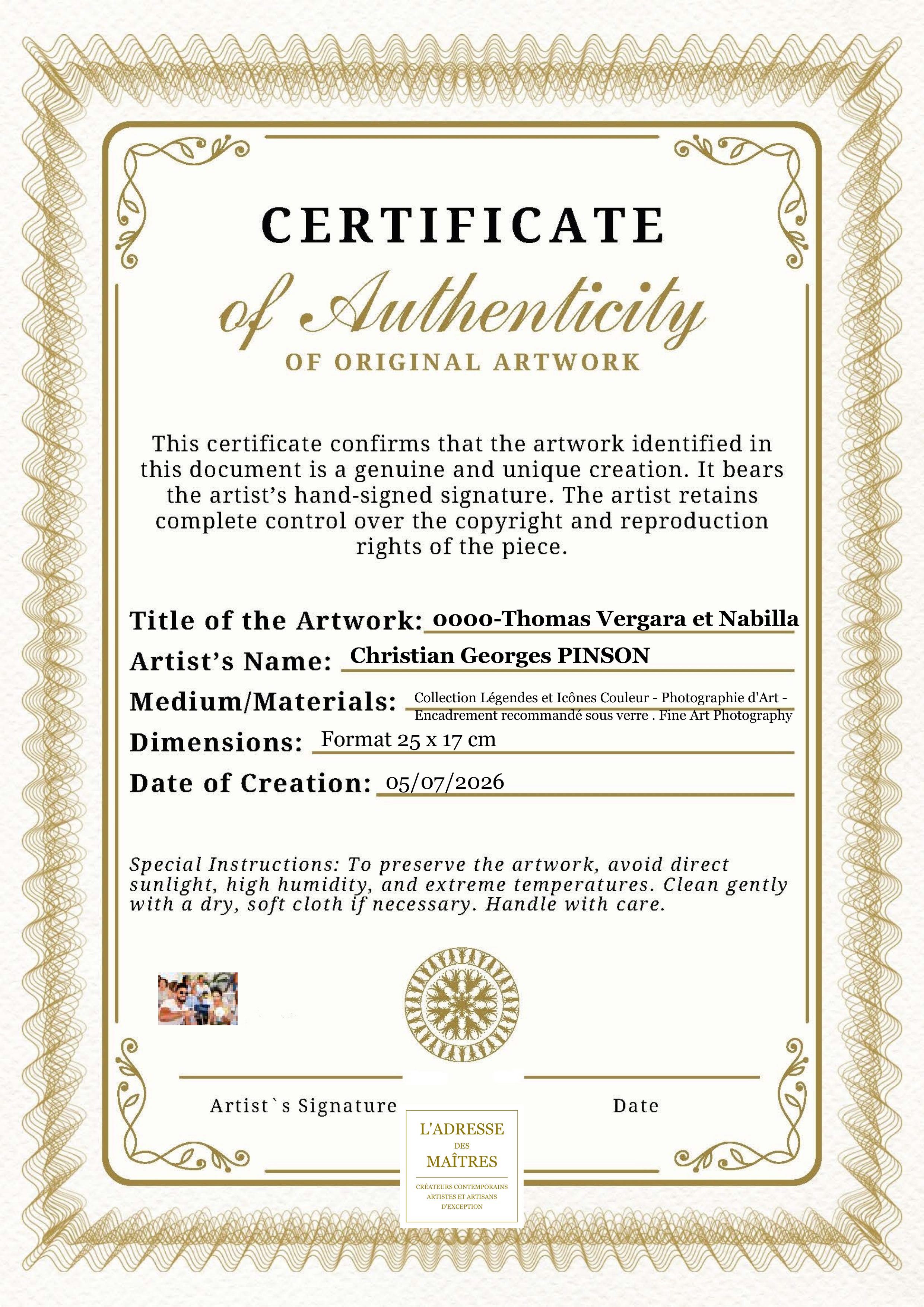 Certificat d'authenticité — 0000-Thomas Vergara et Nabilla — Christian Georges PINSON