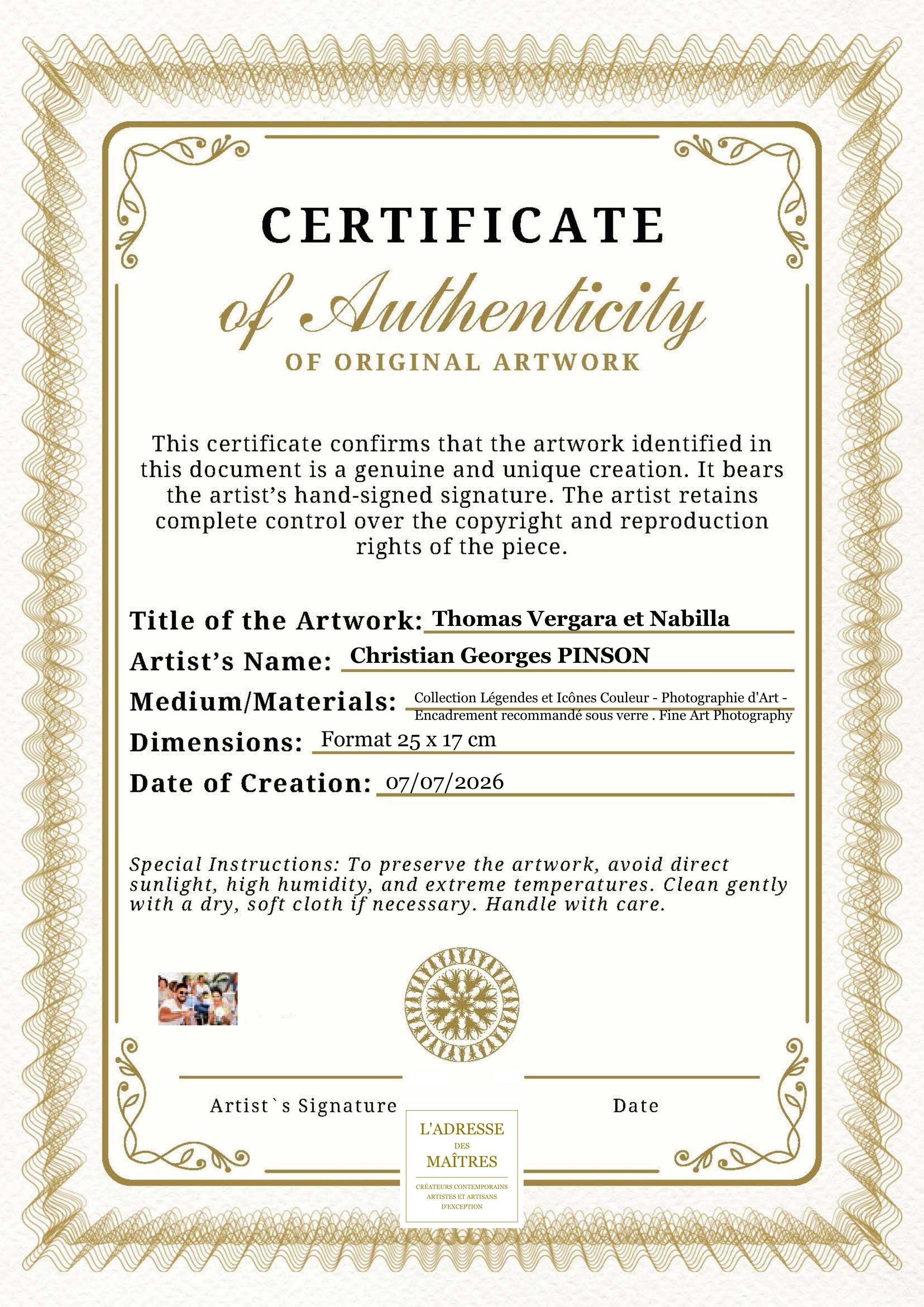 Certificat d'authenticité — Thomas Vergara et Nabilla — Christian Georges PINSON