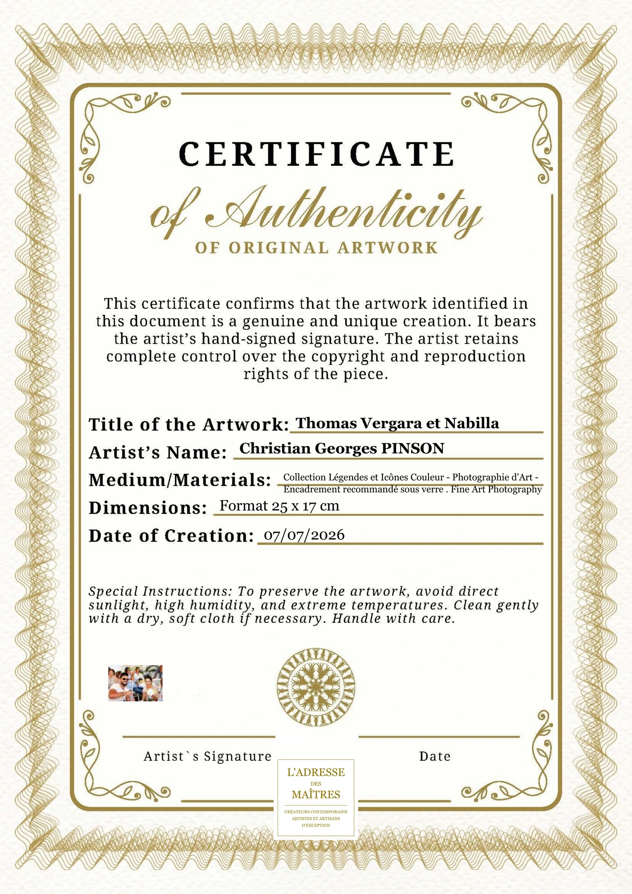 Certificat d'authenticité - Thomas Vergara et Nabilla - Christian Georges PINSON