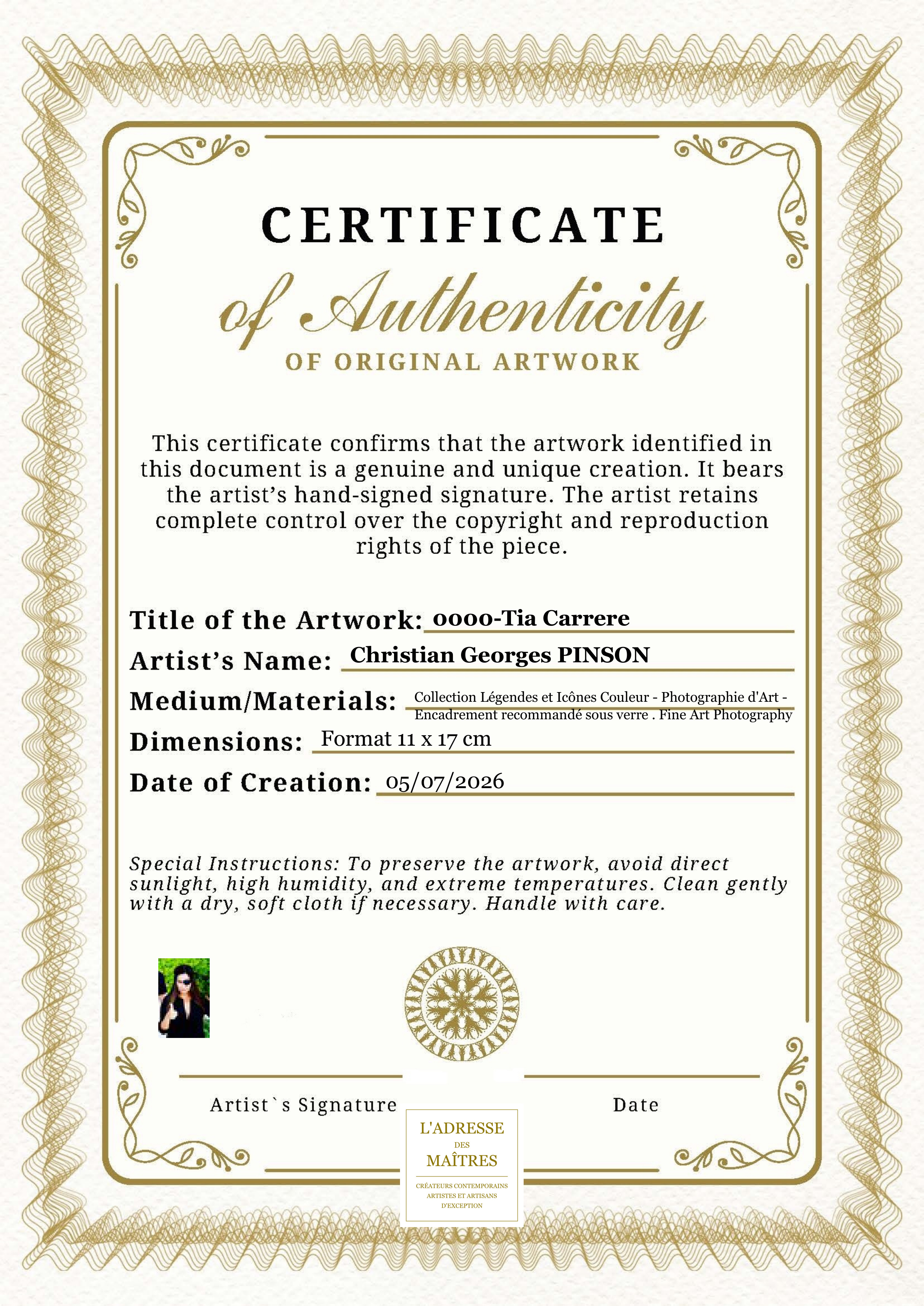 Certificat d'authenticité — 0000-Tia Carrere — Christian Georges PINSON