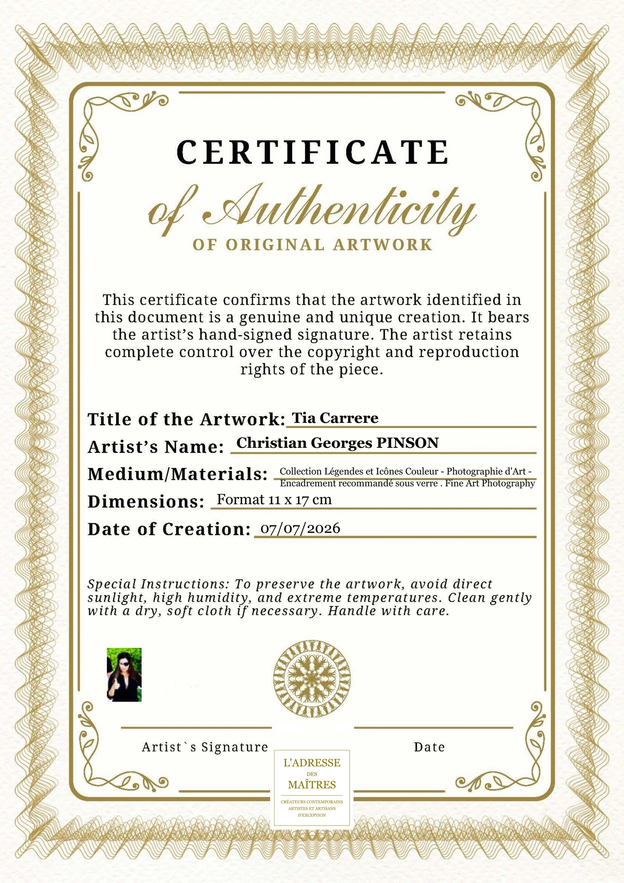 Certificat d'authenticité - Tia Carrere - Christian Georges PINSON