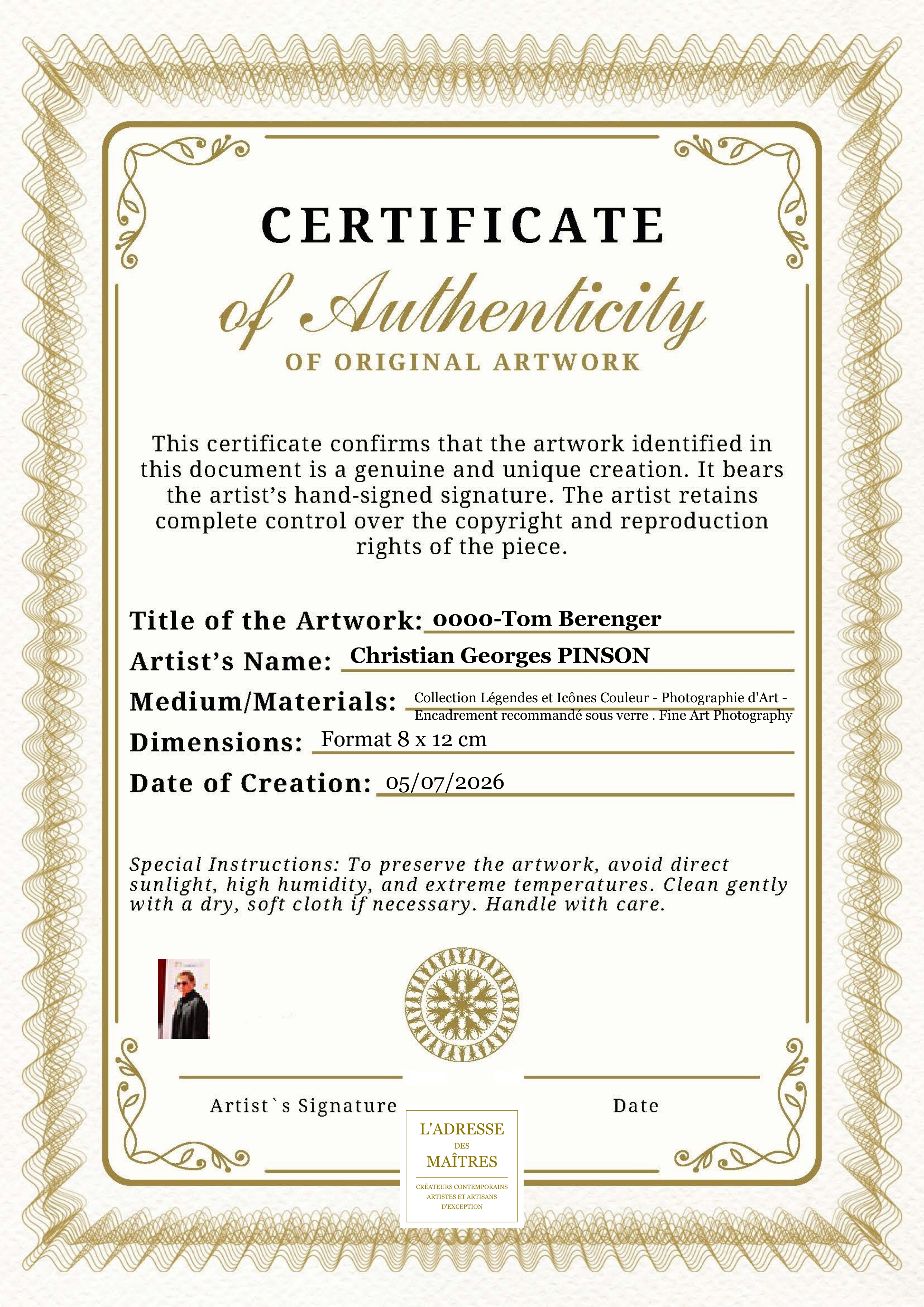 Certificat d'authenticité — 0000-Tom Berenger — Christian Georges PINSON