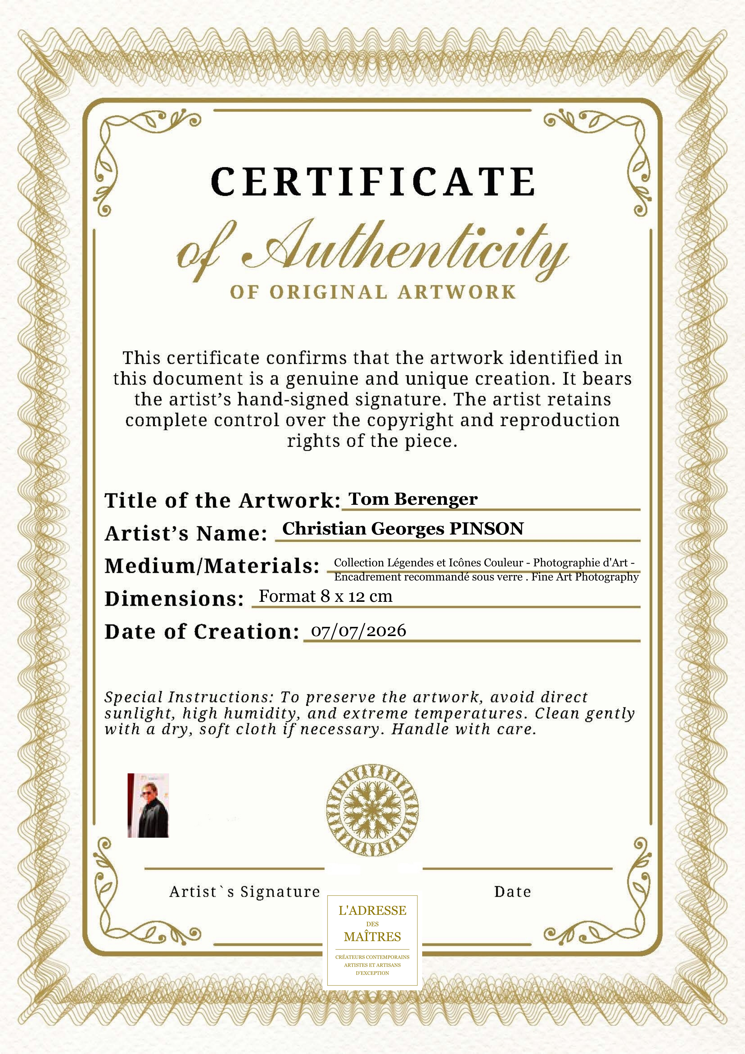 Certificat d'authenticité — Tom Berenger — Christian Georges PINSON