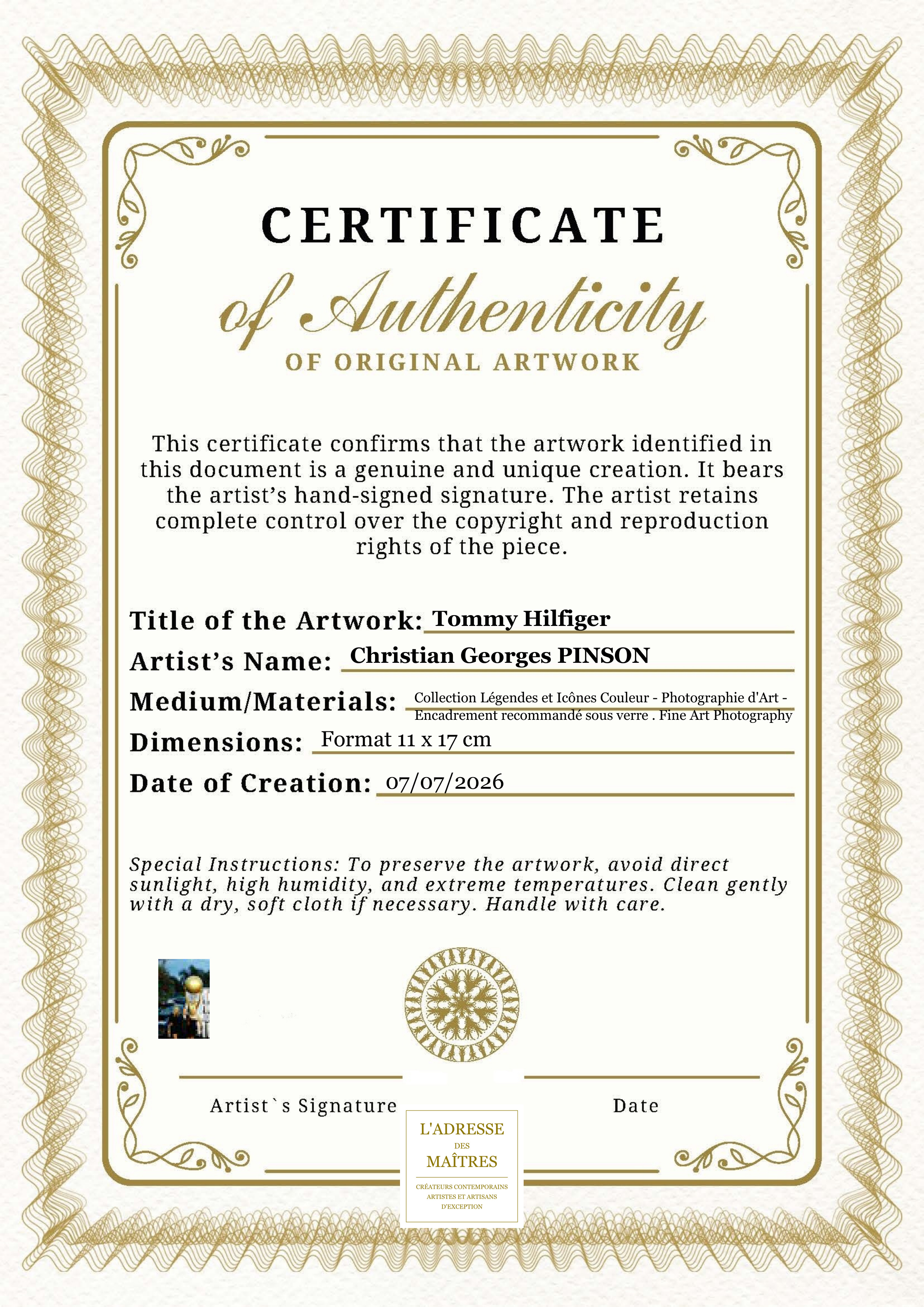 Certificat d'authenticité — Tommy Hilfiger — Christian Georges PINSON