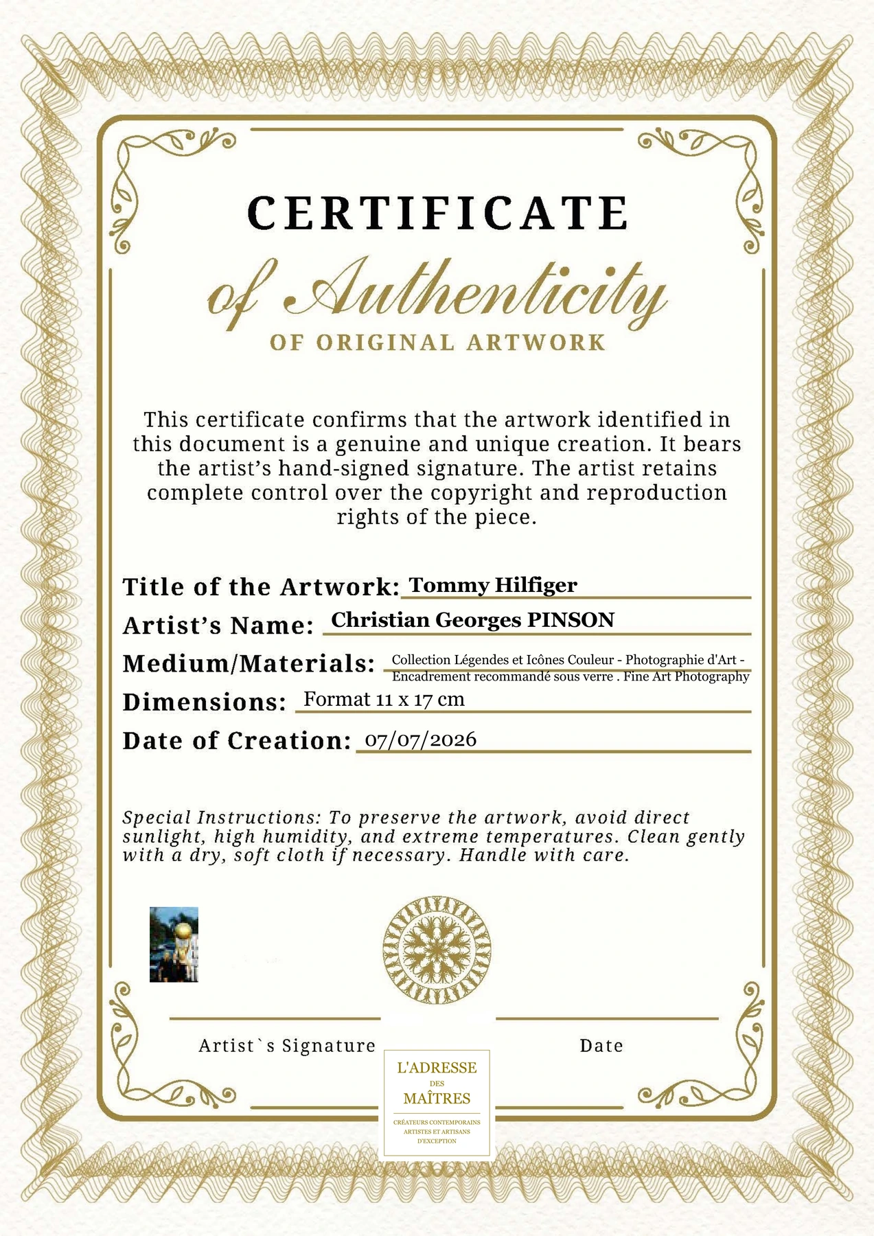Certificat d'authenticité - Tommy Hilfiger - Christian Georges PINSON
