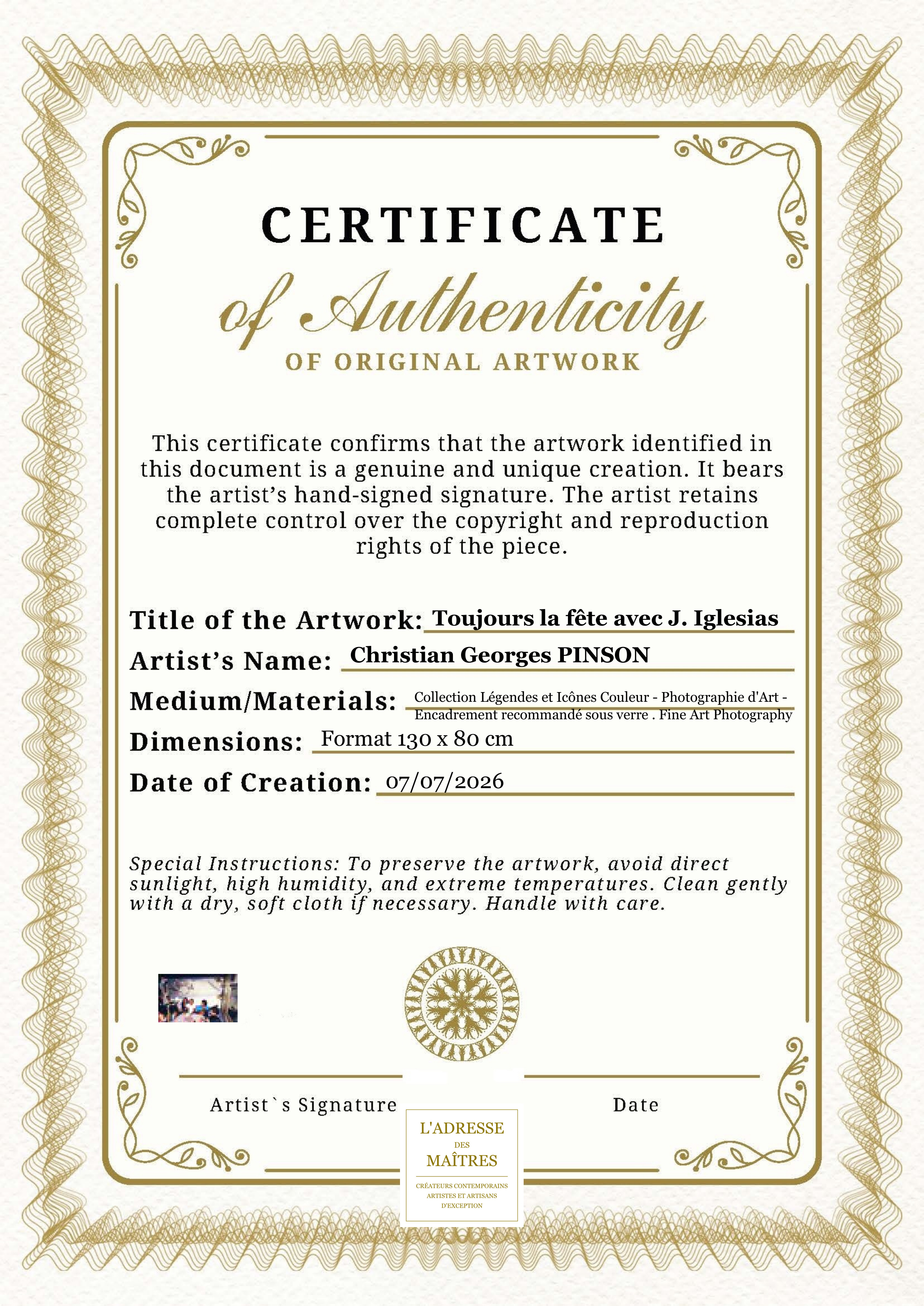 Certificat d'authenticité — Toujours la fête avec J. Iglesias — Christian Georges PINSON