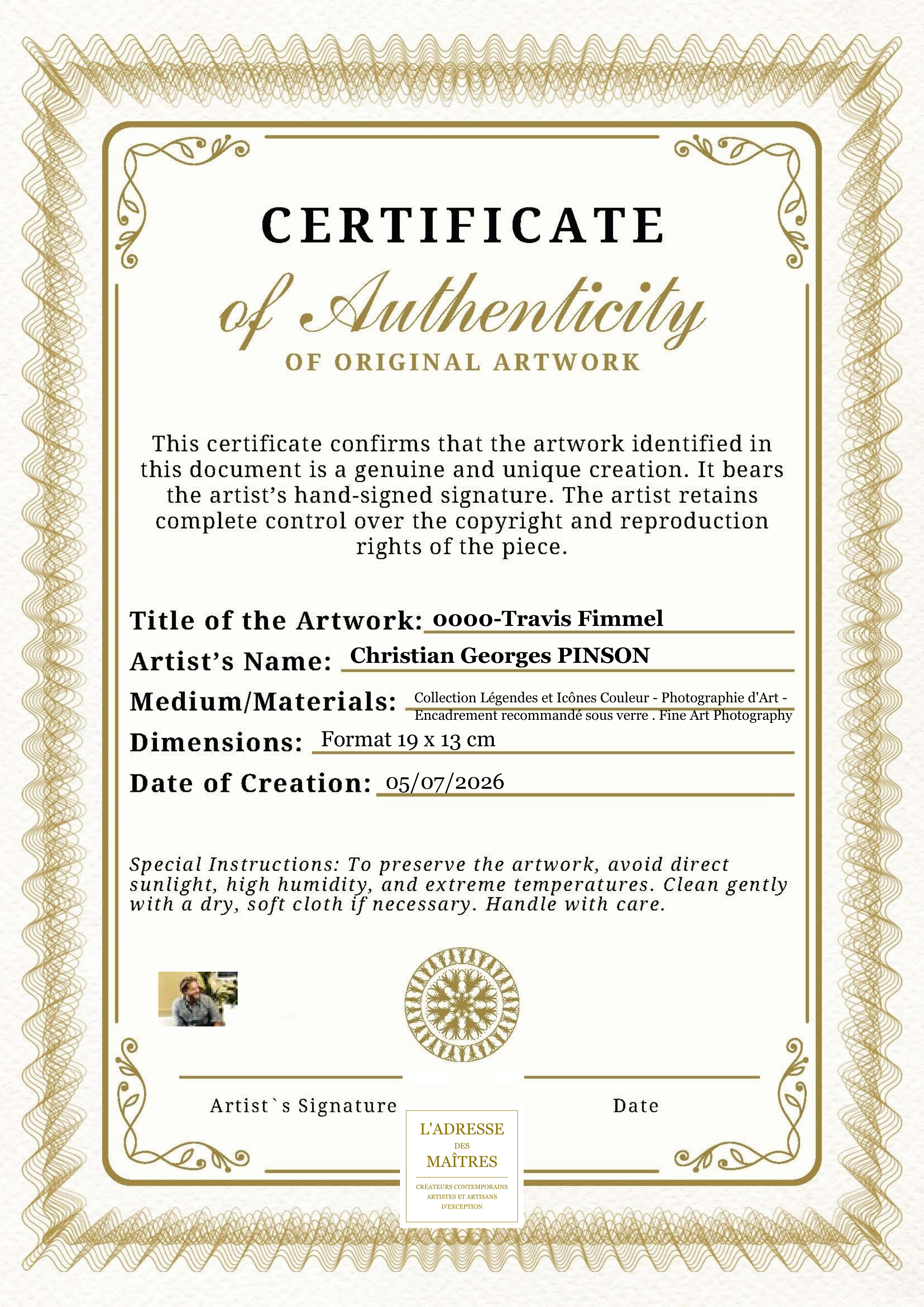 Certificat d'authenticité — 0000-Travis Fimmel — Christian Georges PINSON
