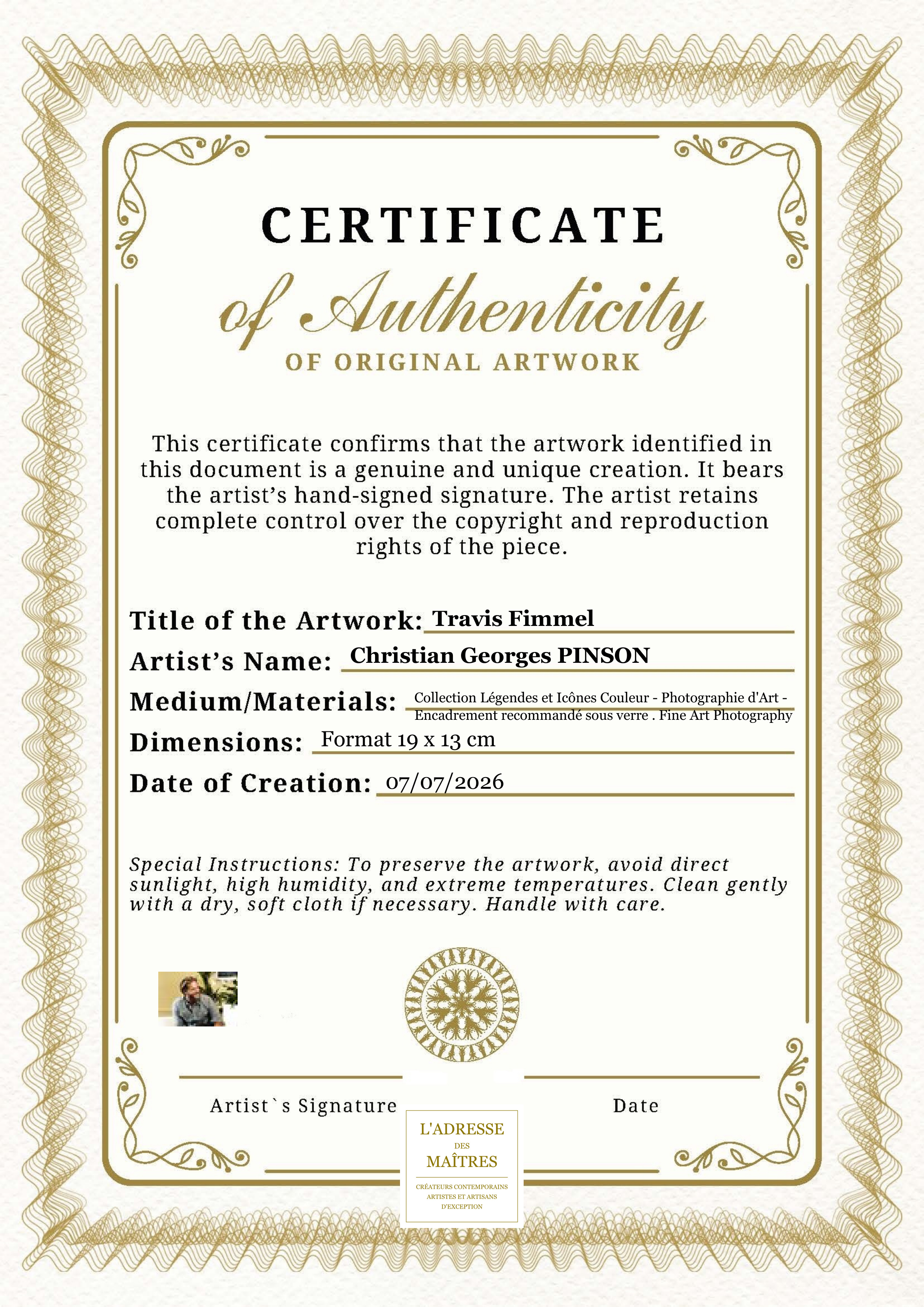 Certificat d'authenticité — Travis Fimmel — Christian Georges PINSON
