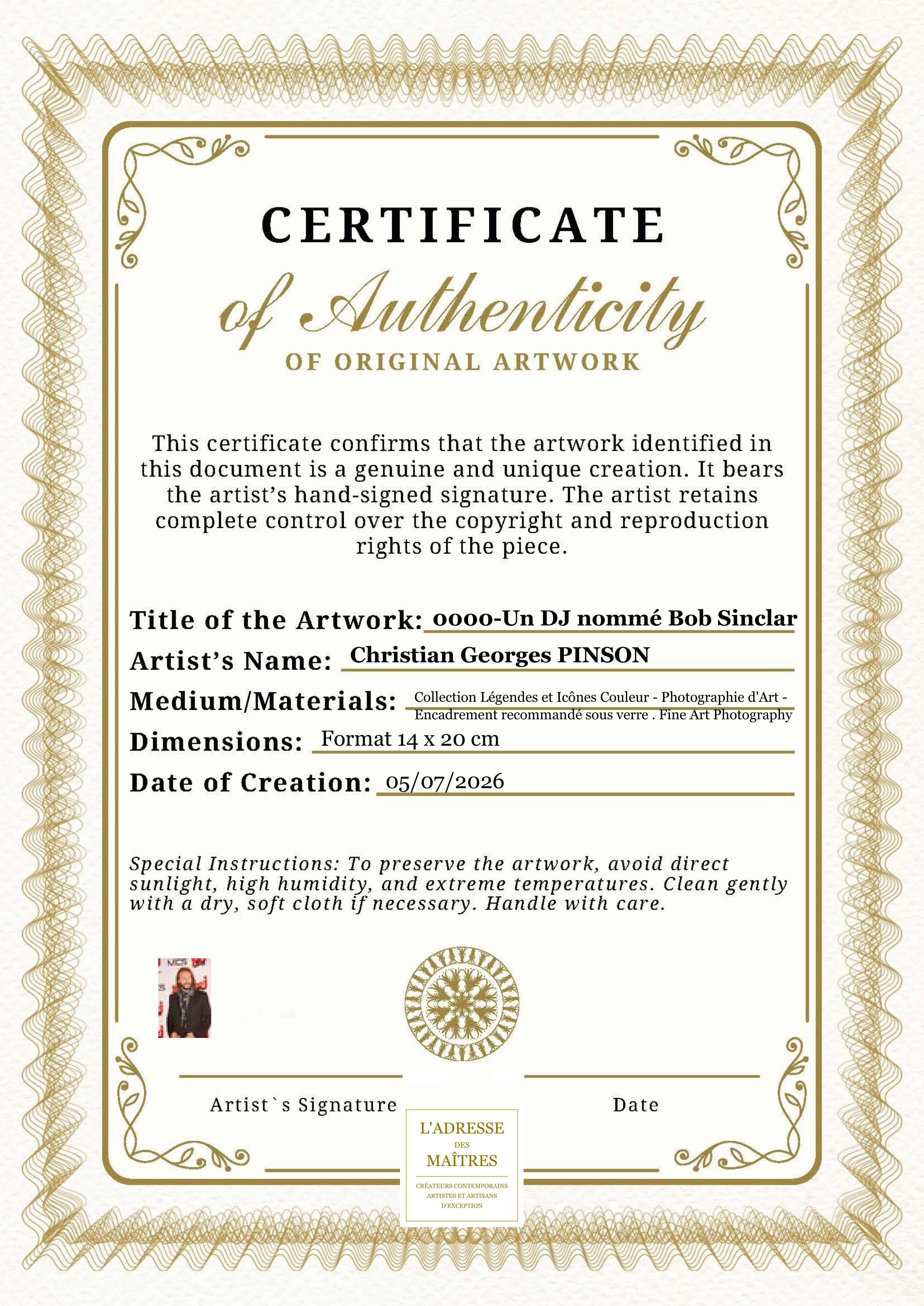 Certificat d'authenticité — 0000-Un DJ nommé Bob Sinclar — Christian Georges PINSON