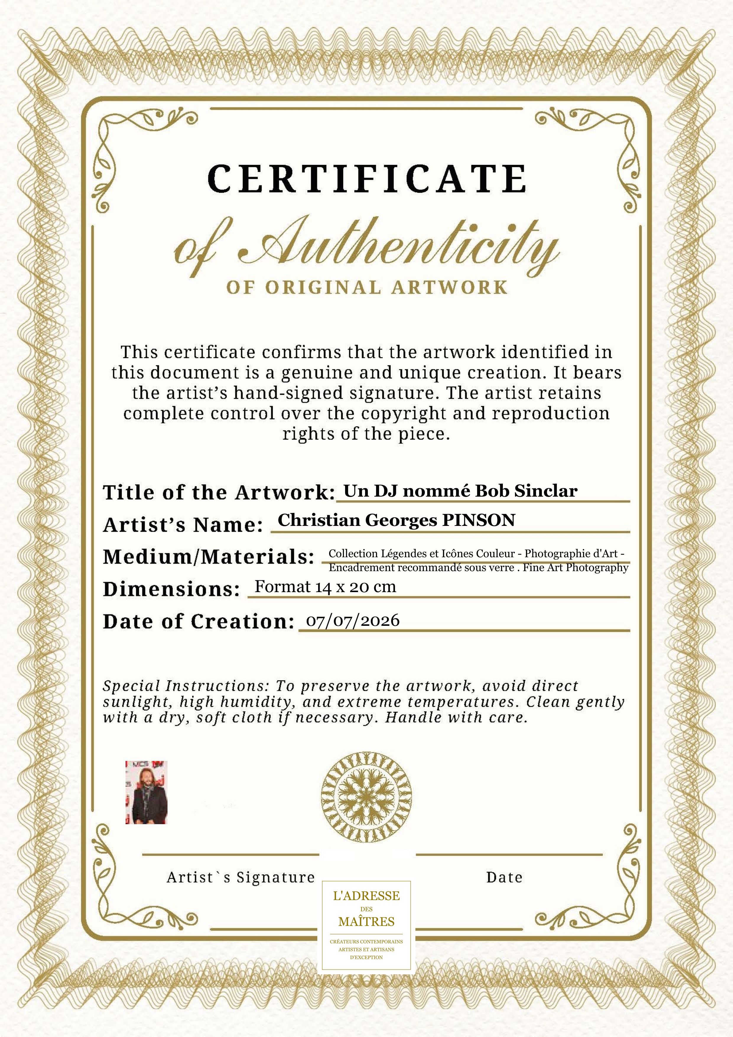 Certificat d'authenticité — Un DJ nommé Bob Sinclar — Christian Georges PINSON