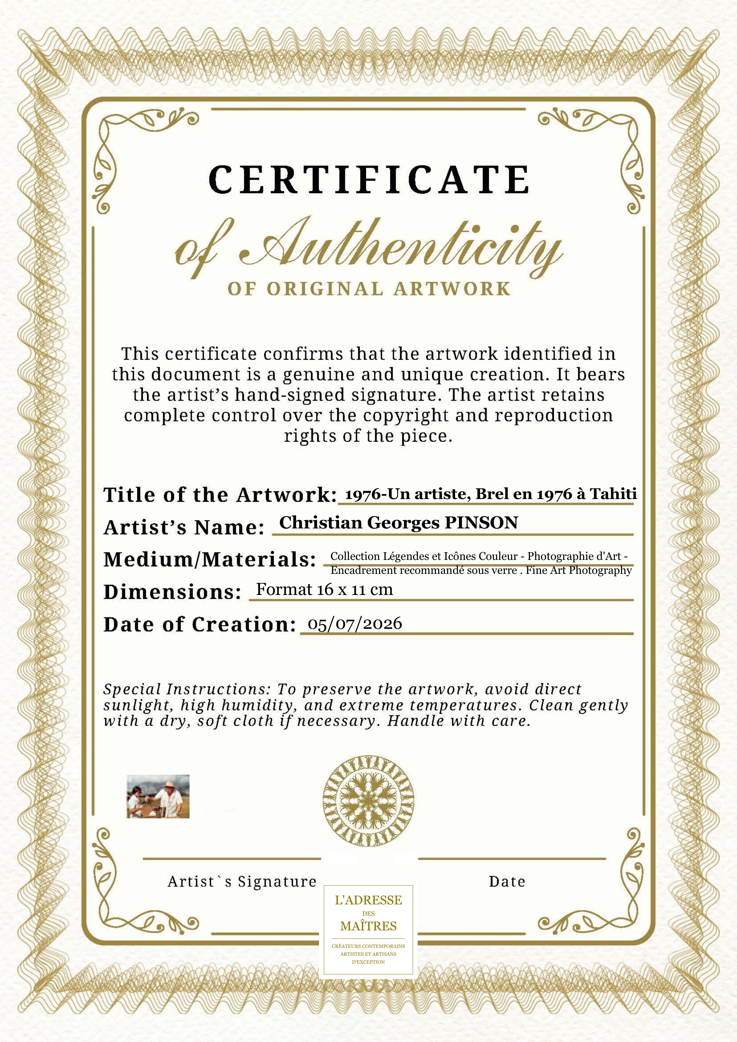 Certificat d'authenticité — 1976-Un artiste, Brel en 1976 à Tahiti — Christian Georges PINSON