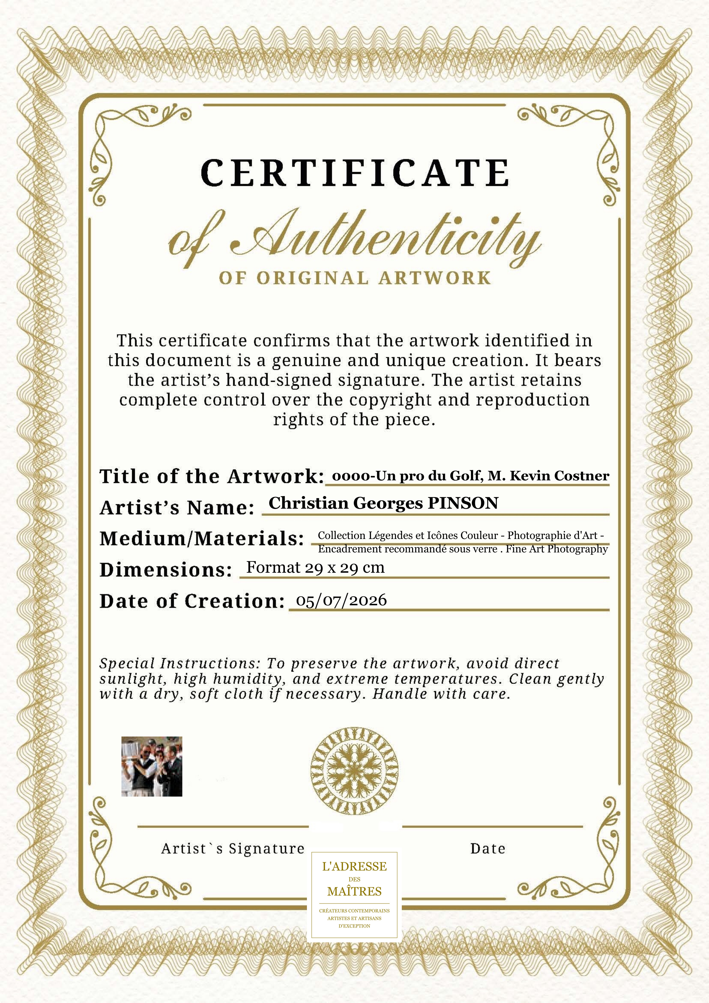 Certificat d'authenticité — 0000-Un pro du Golf, M. Kevin Costner — Christian Georges PINSON