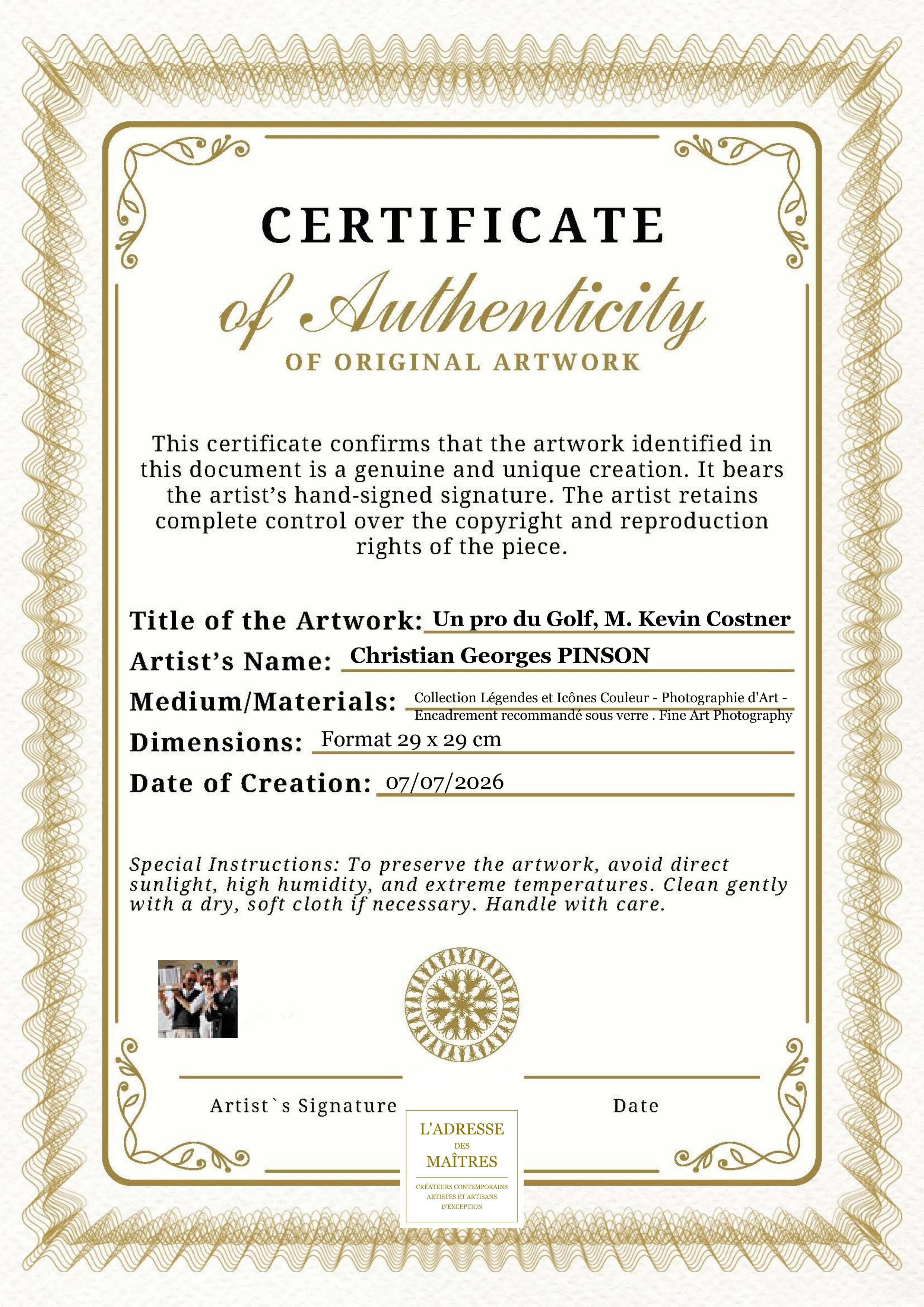Certificat d'authenticité — Un pro du Golf, M. Kevin Costner — Christian Georges PINSON