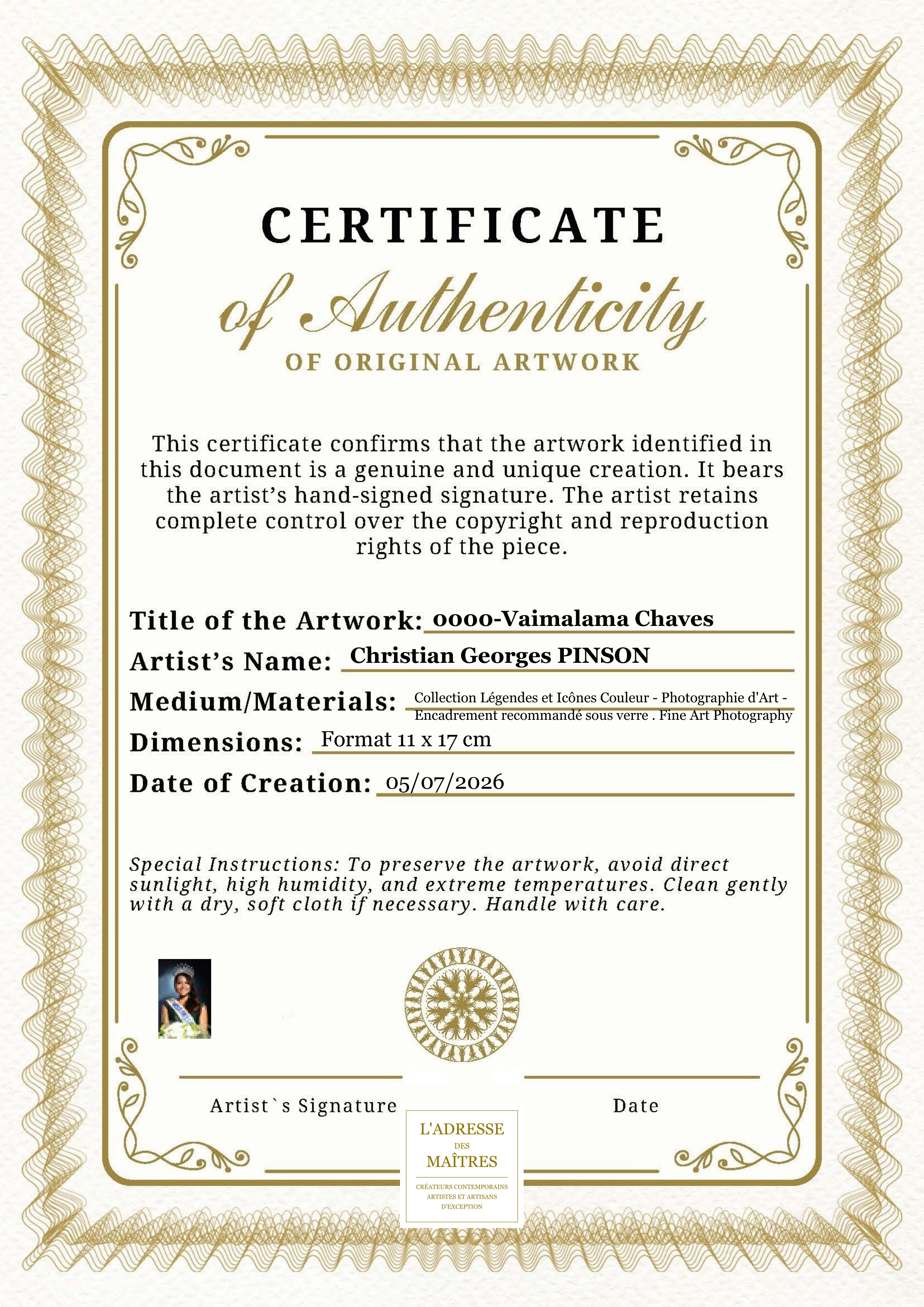 Certificat d'authenticité — 0000-Vaimalama Chaves — Christian Georges PINSON