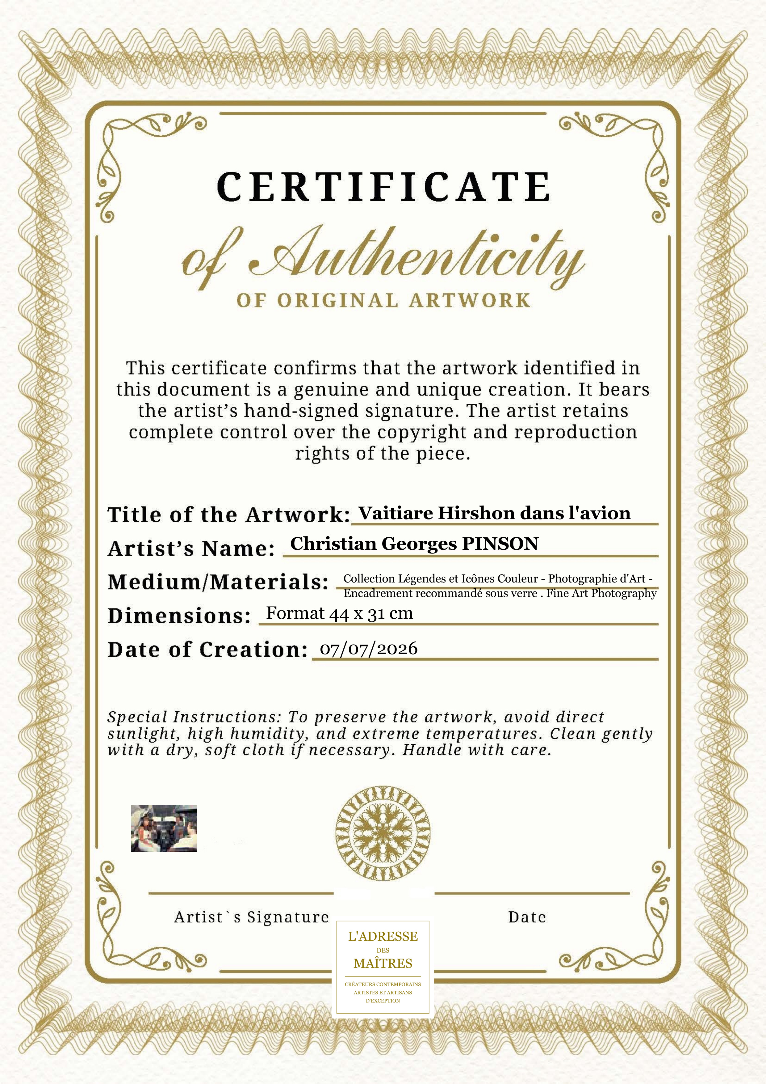 Certificat d'authenticité — Vaitiare Hirshon dans l'avion — Christian Georges PINSON
