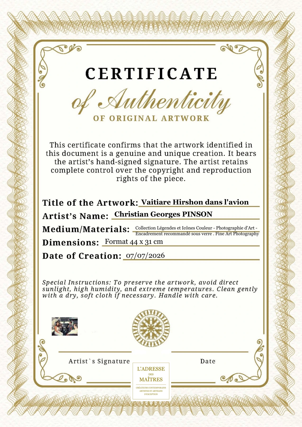 Certificat d'authenticité - Vaitiare Hirshon dans l'avion - Christian Georges PINSON