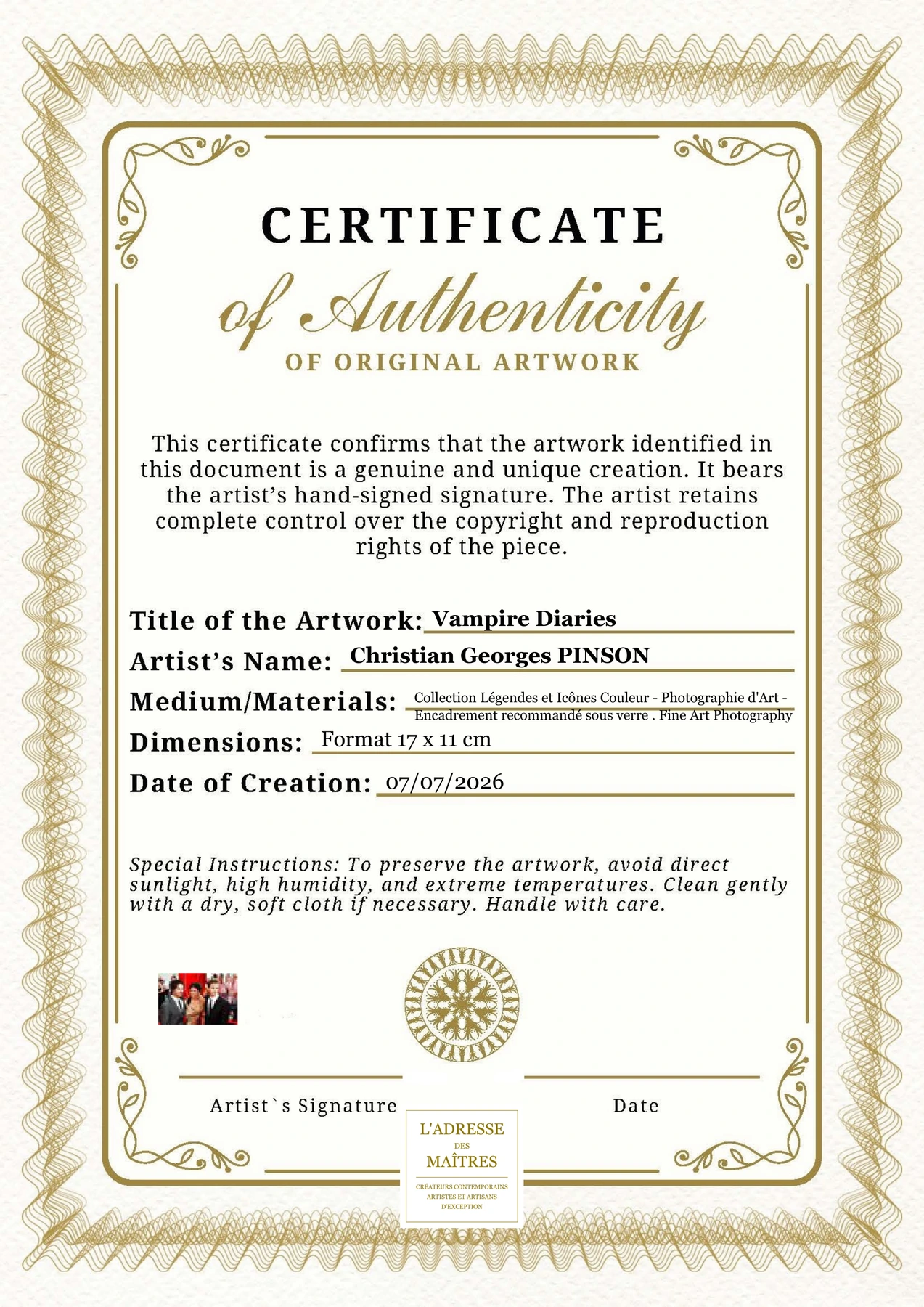 Certificat d'authenticité - Vampire Diaries - Christian Georges PINSON