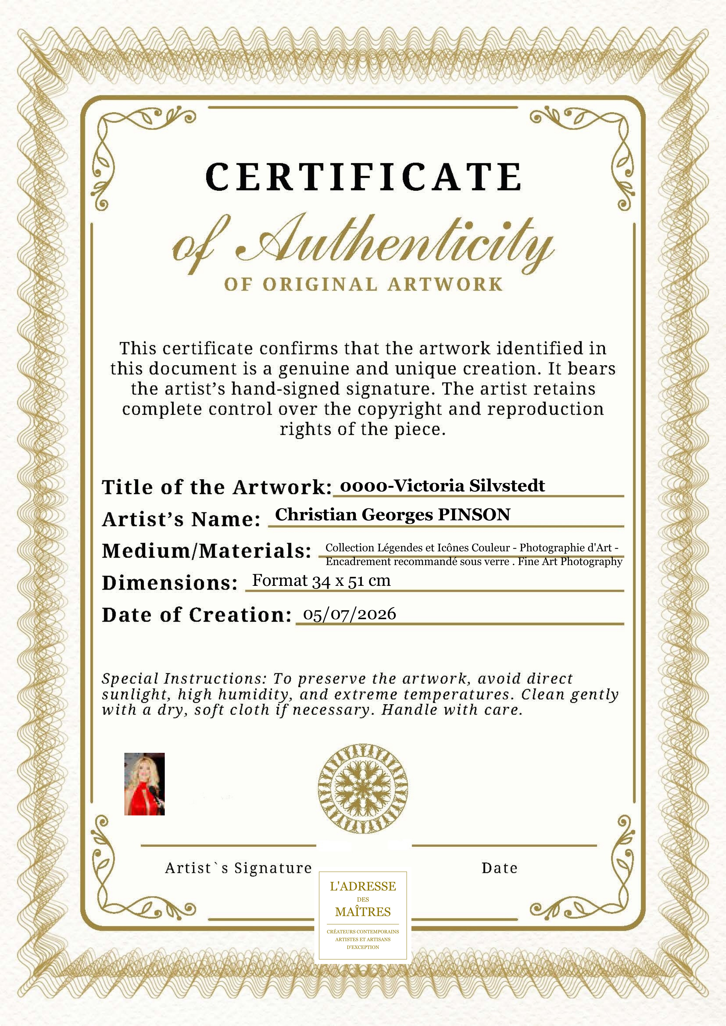 Certificat d'authenticité — 0000-Victoria Silvstedt — Christian Georges PINSON