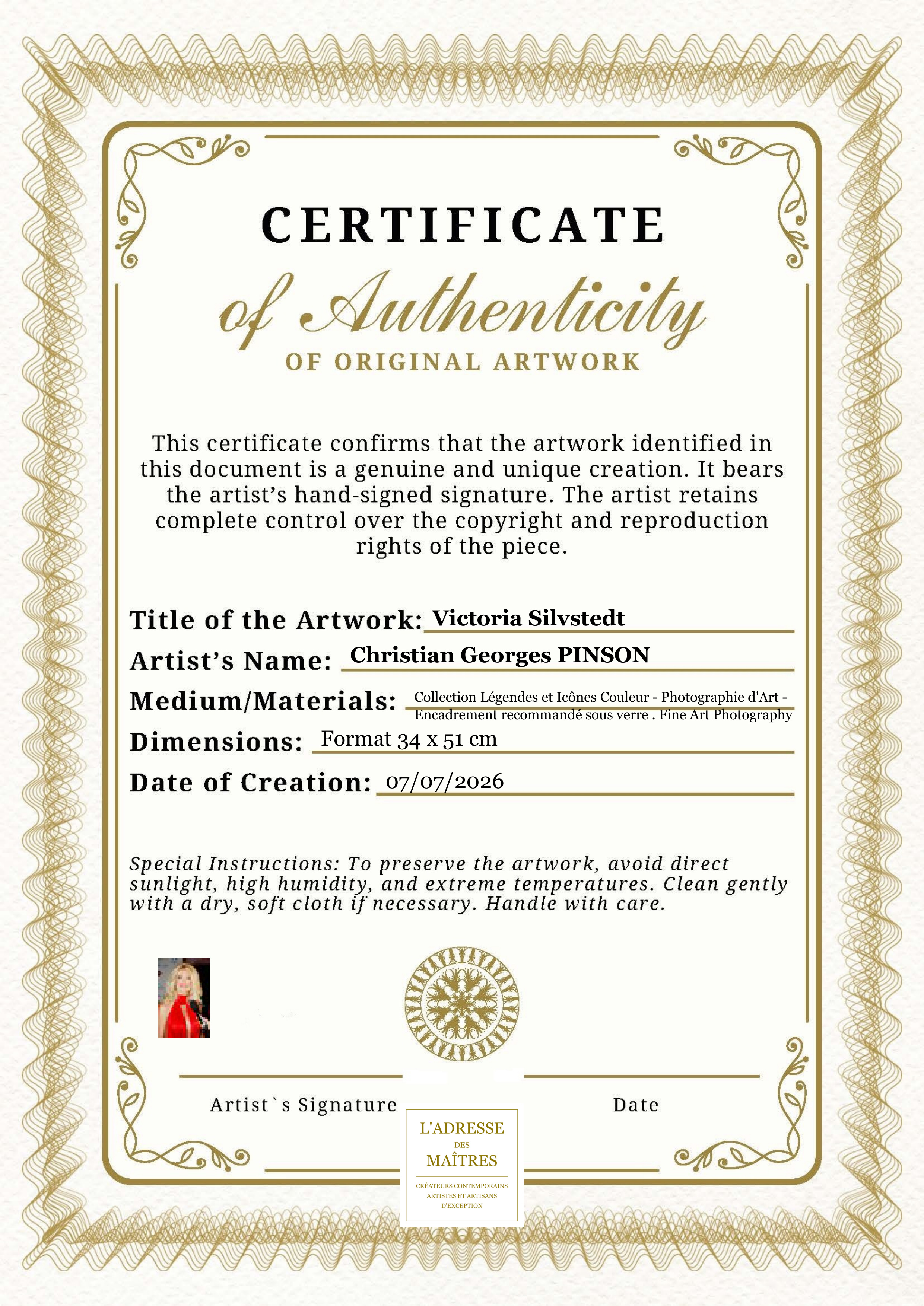 Certificat d'authenticité — Victoria Silvstedt — Christian Georges PINSON