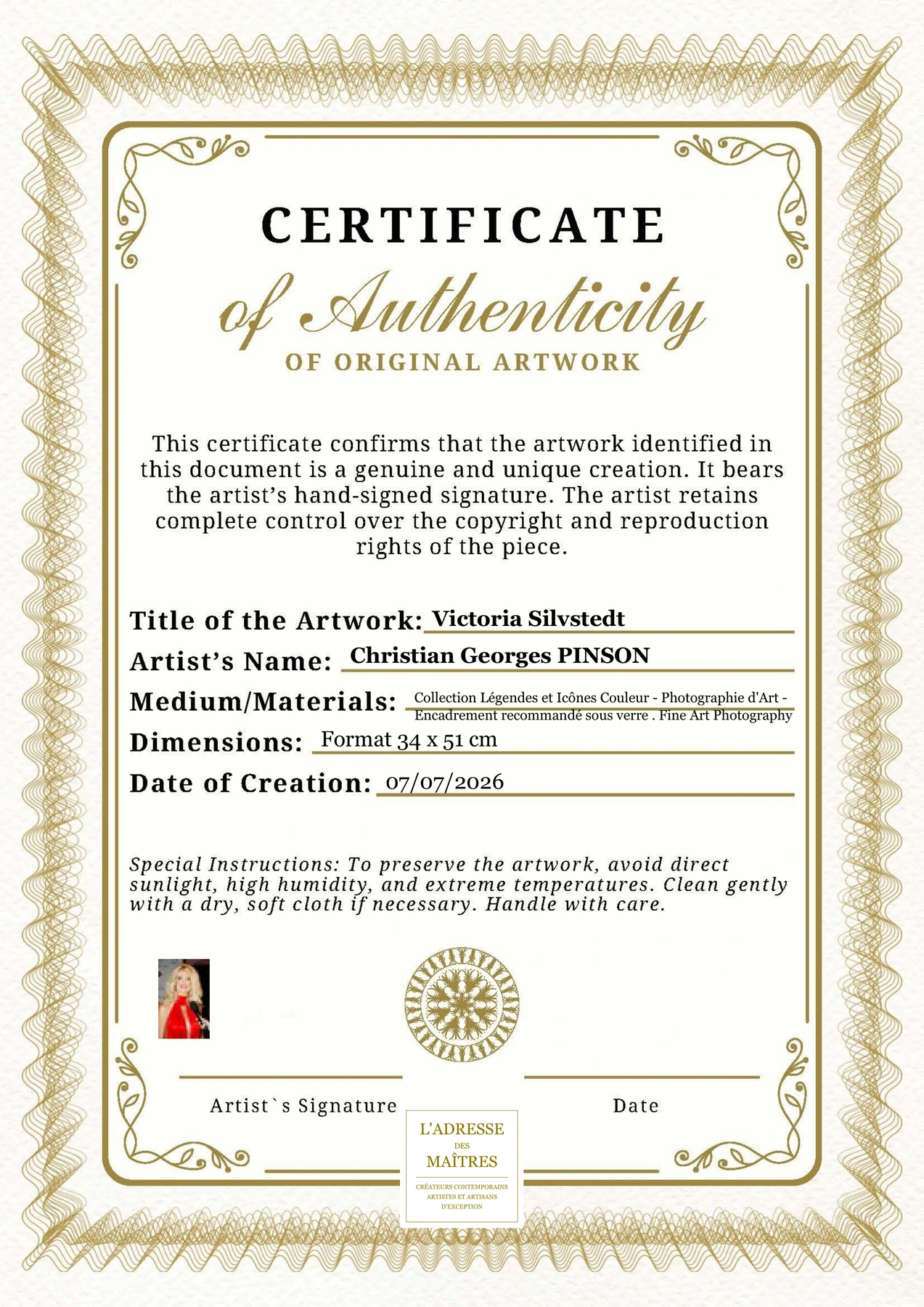 Certificat d'authenticité - Victoria Silvstedt - Christian Georges PINSON