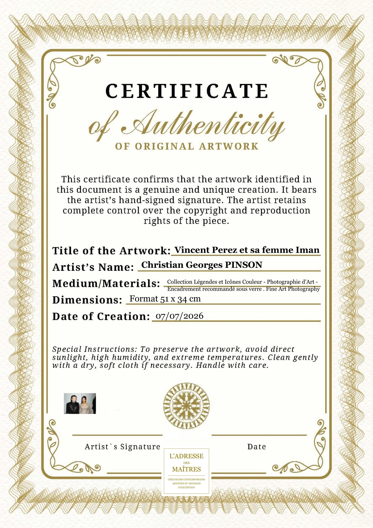 Certificat d'authenticité - Vincent Perez et sa femme Iman - Christian Georges PINSON