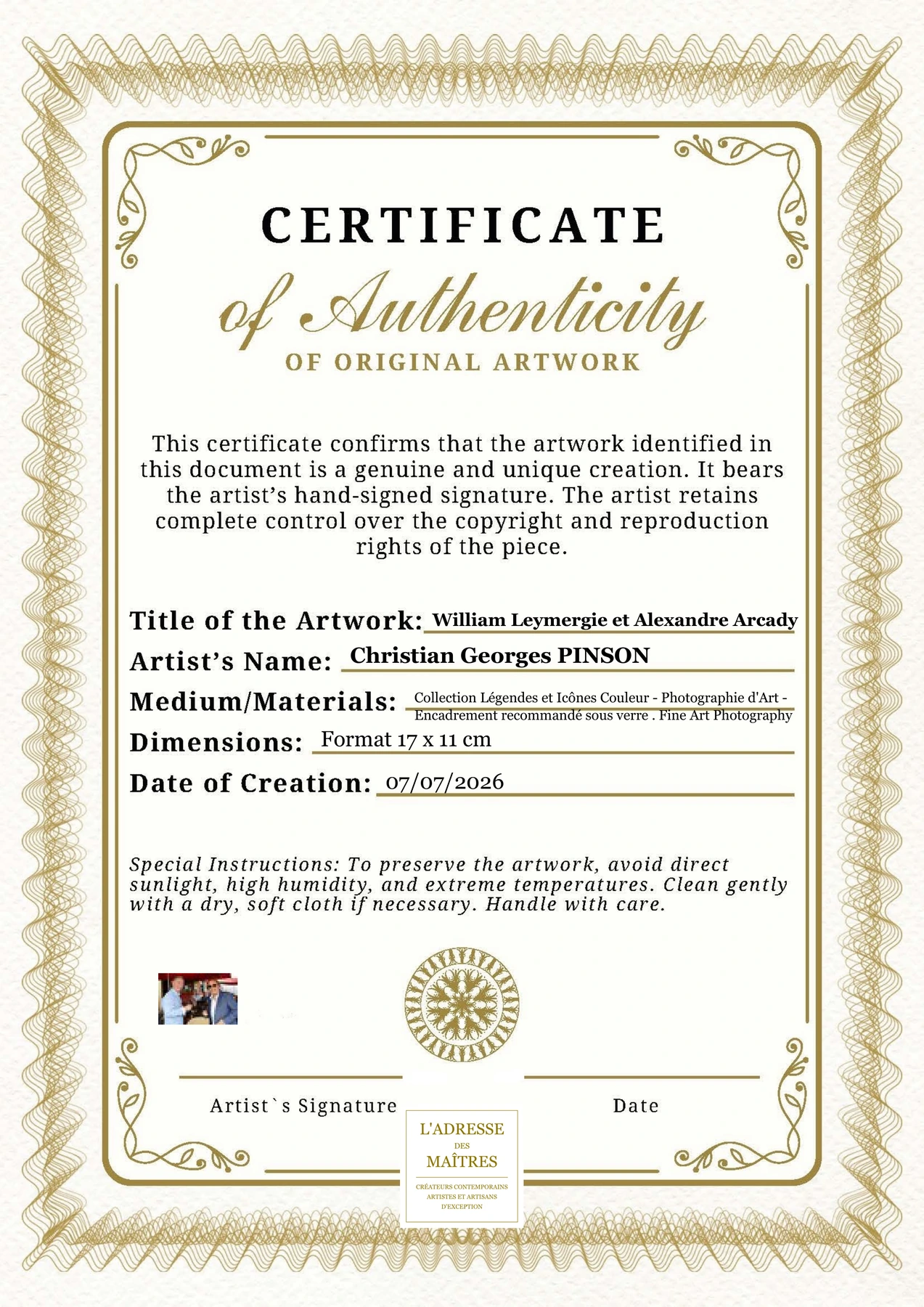 Certificat d'authenticité - William Leymergie et Alexandre Arcady - Christian Georges PINSON