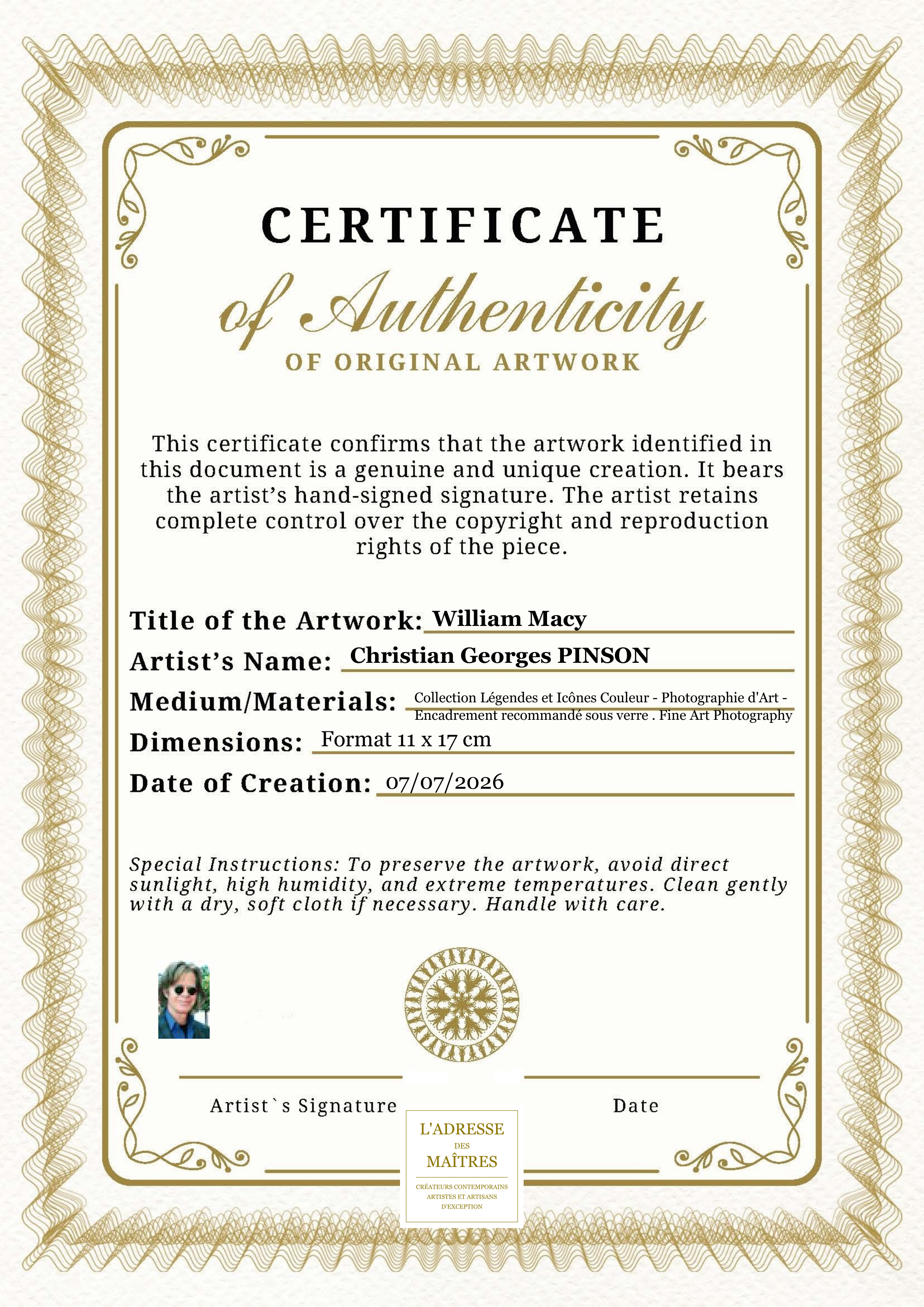 Certificat d'authenticité — William Macy — Christian Georges PINSON