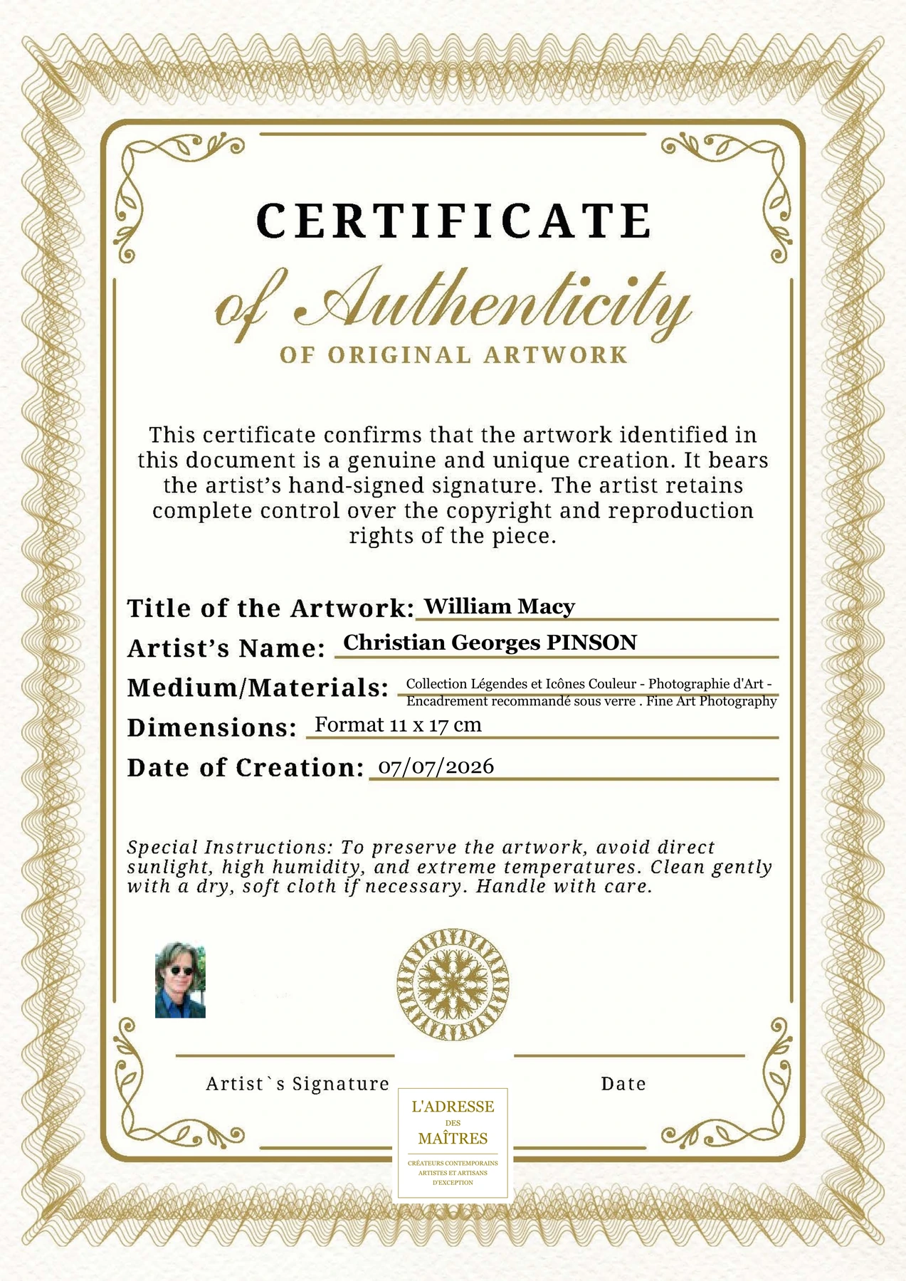 Certificat d'authenticité - William Macy - Christian Georges PINSON