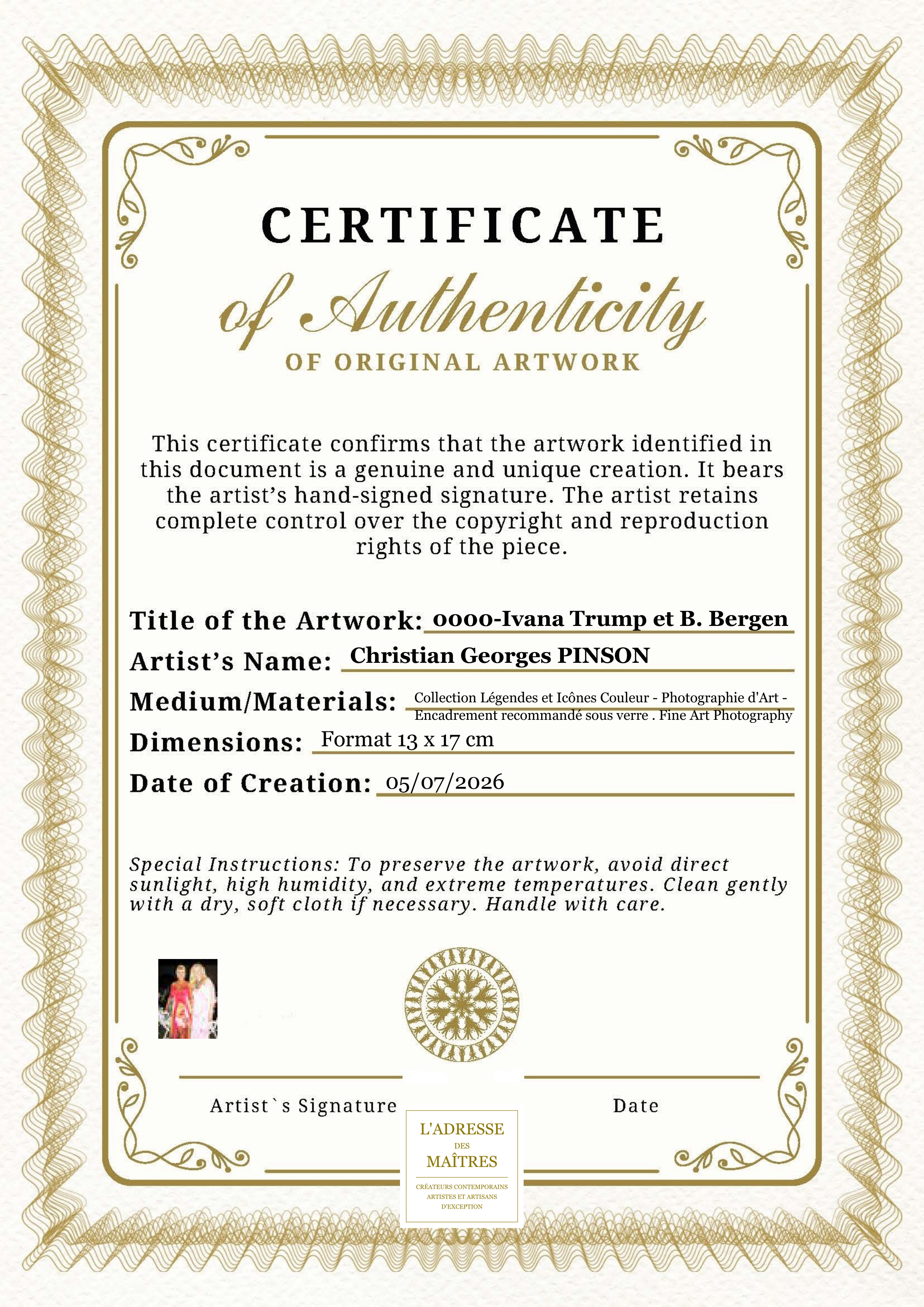 Certificat d'authenticité — 0000-Ivana Trump et B. Bergen — Christian Georges PINSON