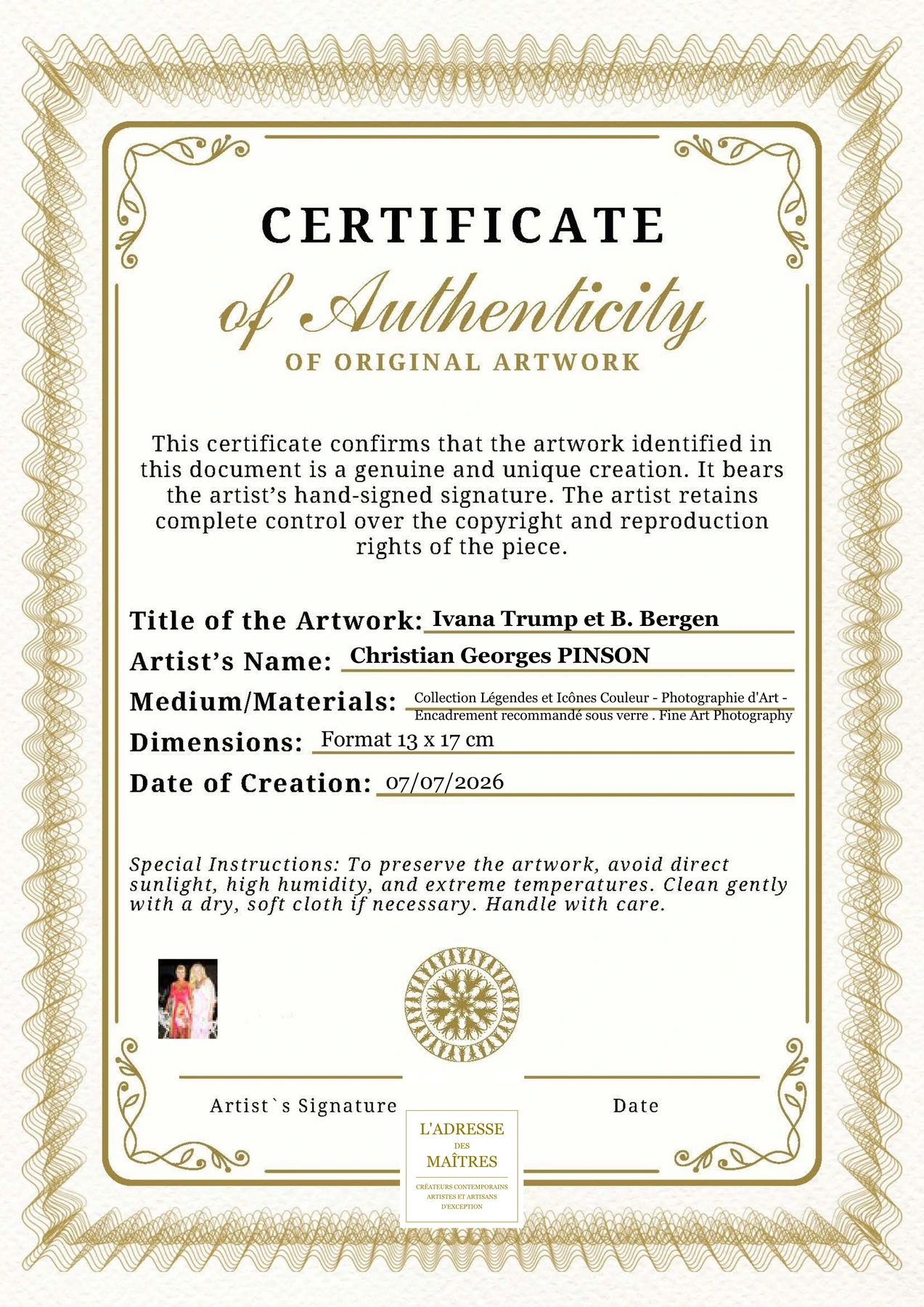Certificat d'authenticité - Ivana Trump et B. Bergen - Christian Georges PINSON