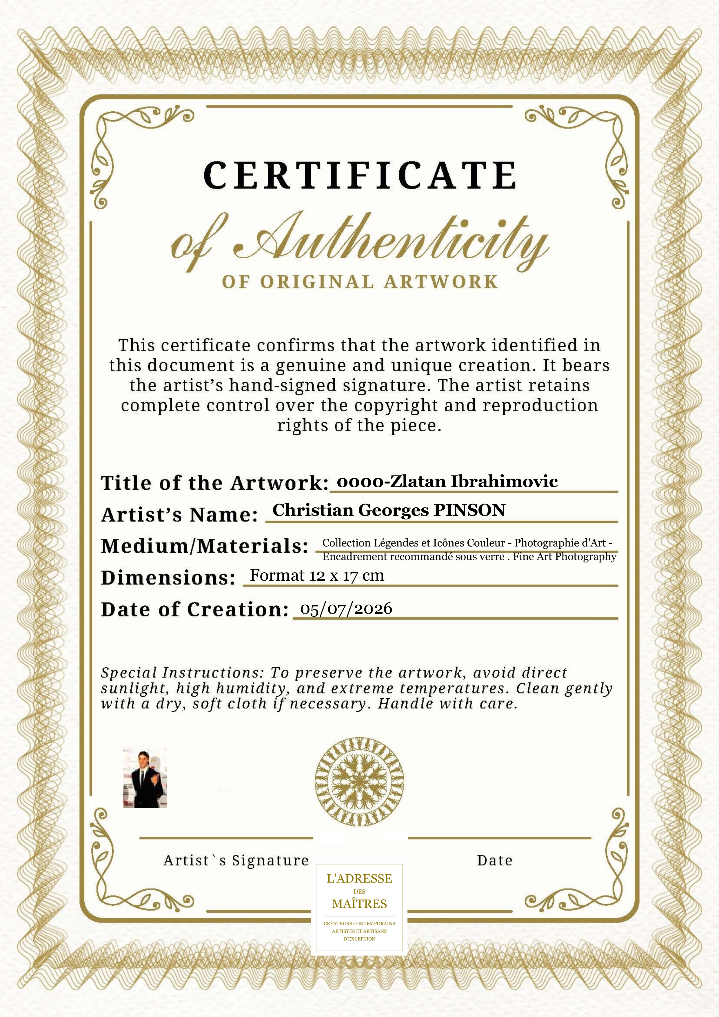 Certificat d'authenticité — 0000-Zlatan Ibrahimovic — Christian Georges PINSON