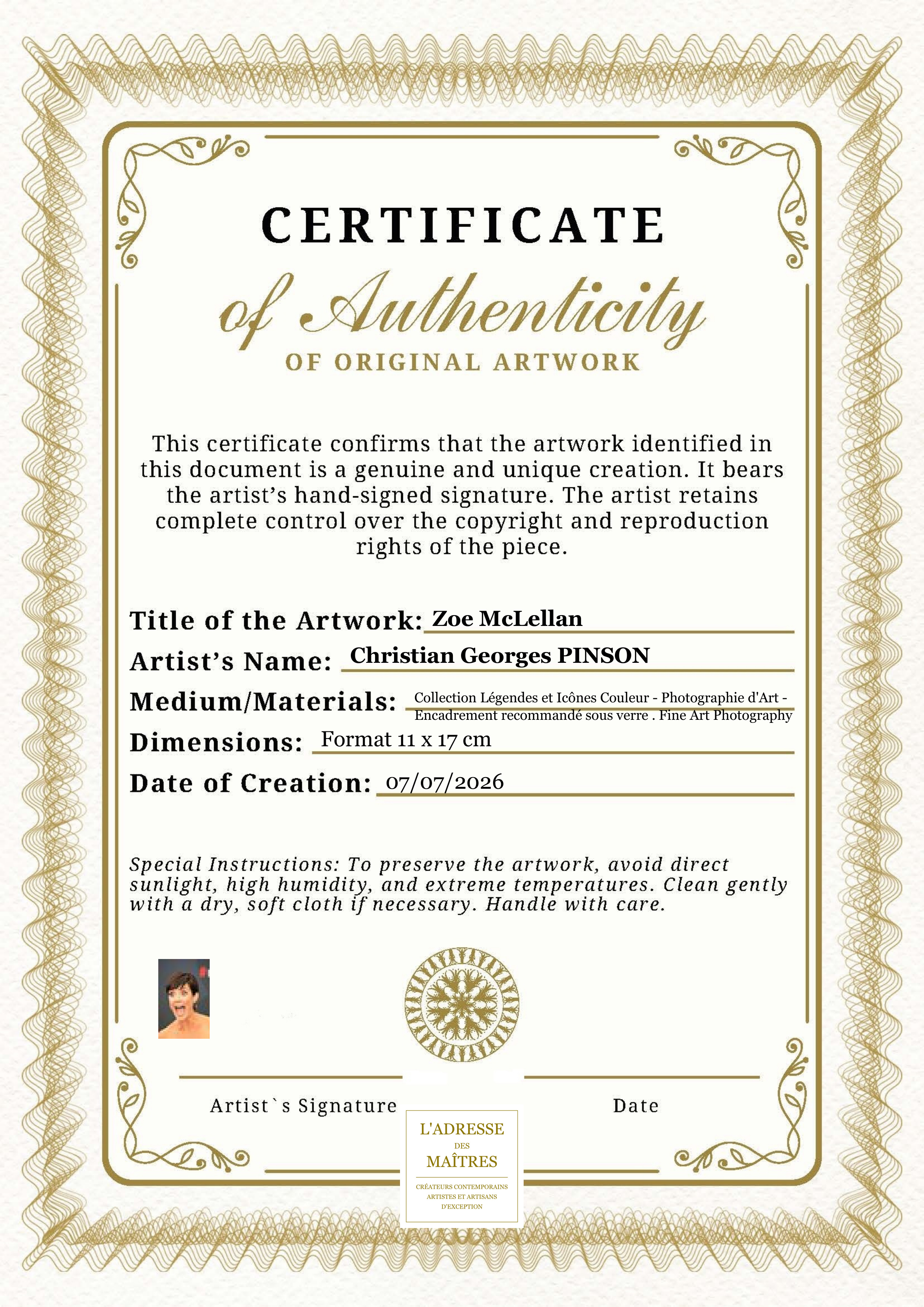 Certificat d'authenticité — Zoe McLellan — Christian Georges PINSON